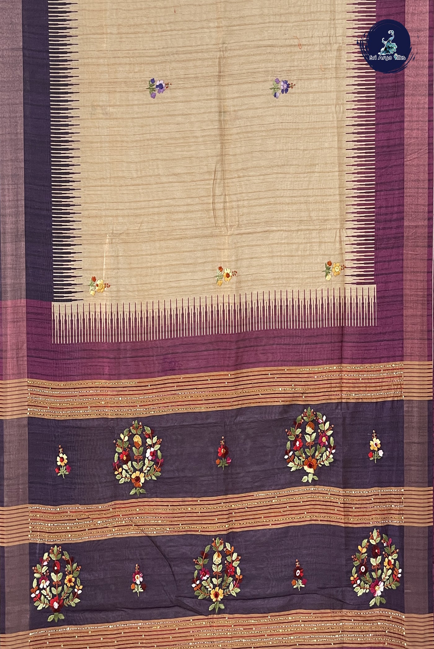 Chikku Shade Tussar Saree With Embroidery Pattern