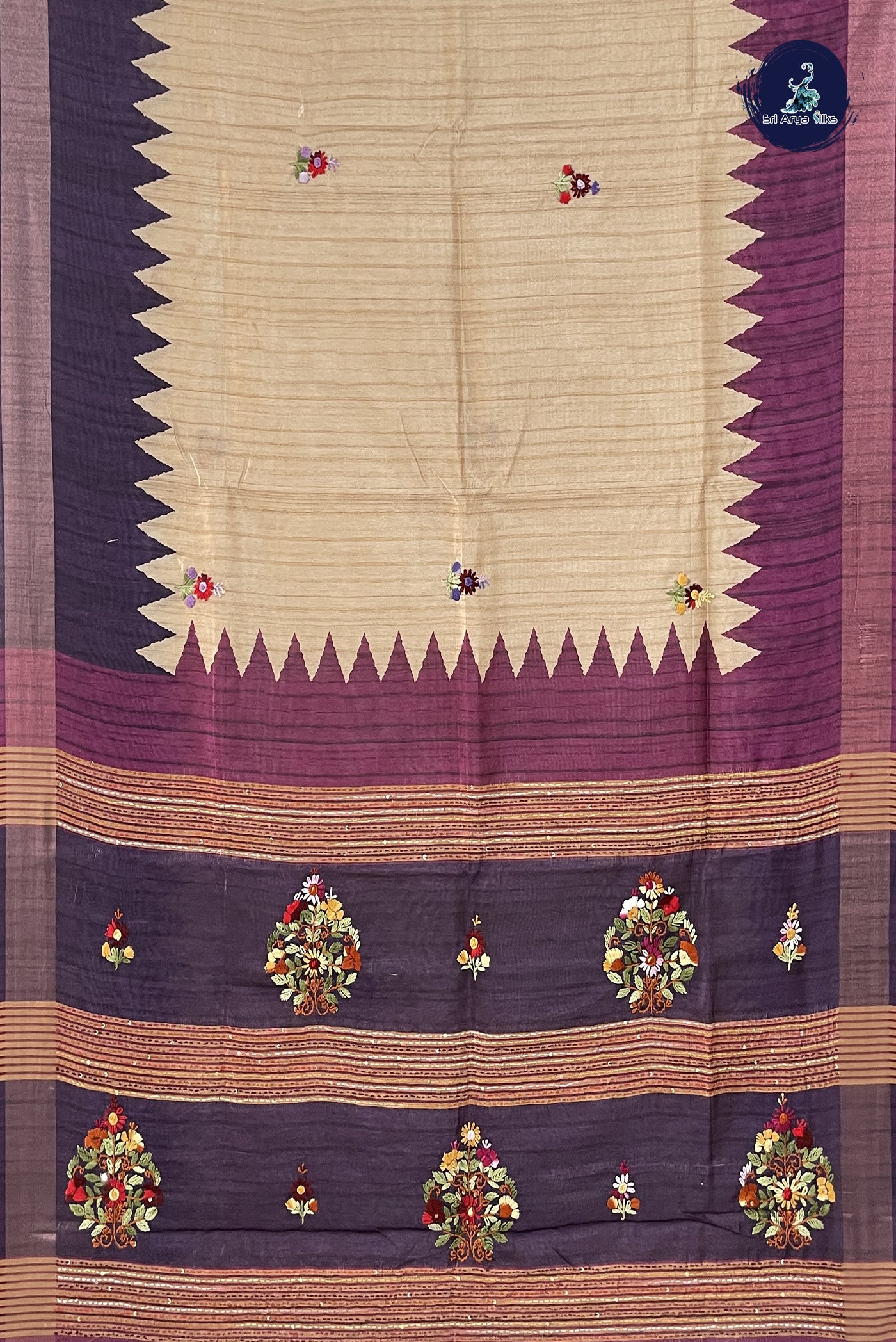 Chikku Shade Tussar Saree With Embroidery Pattern