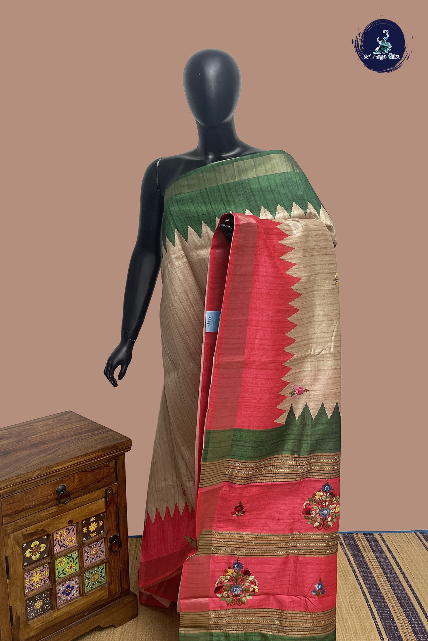Chikku Shade Tussar Saree With Embroidery Pattern