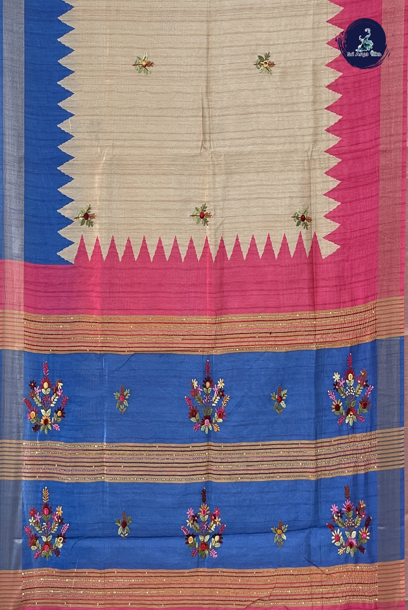 Chikku Shade Tussar Saree With Embroidery Pattern