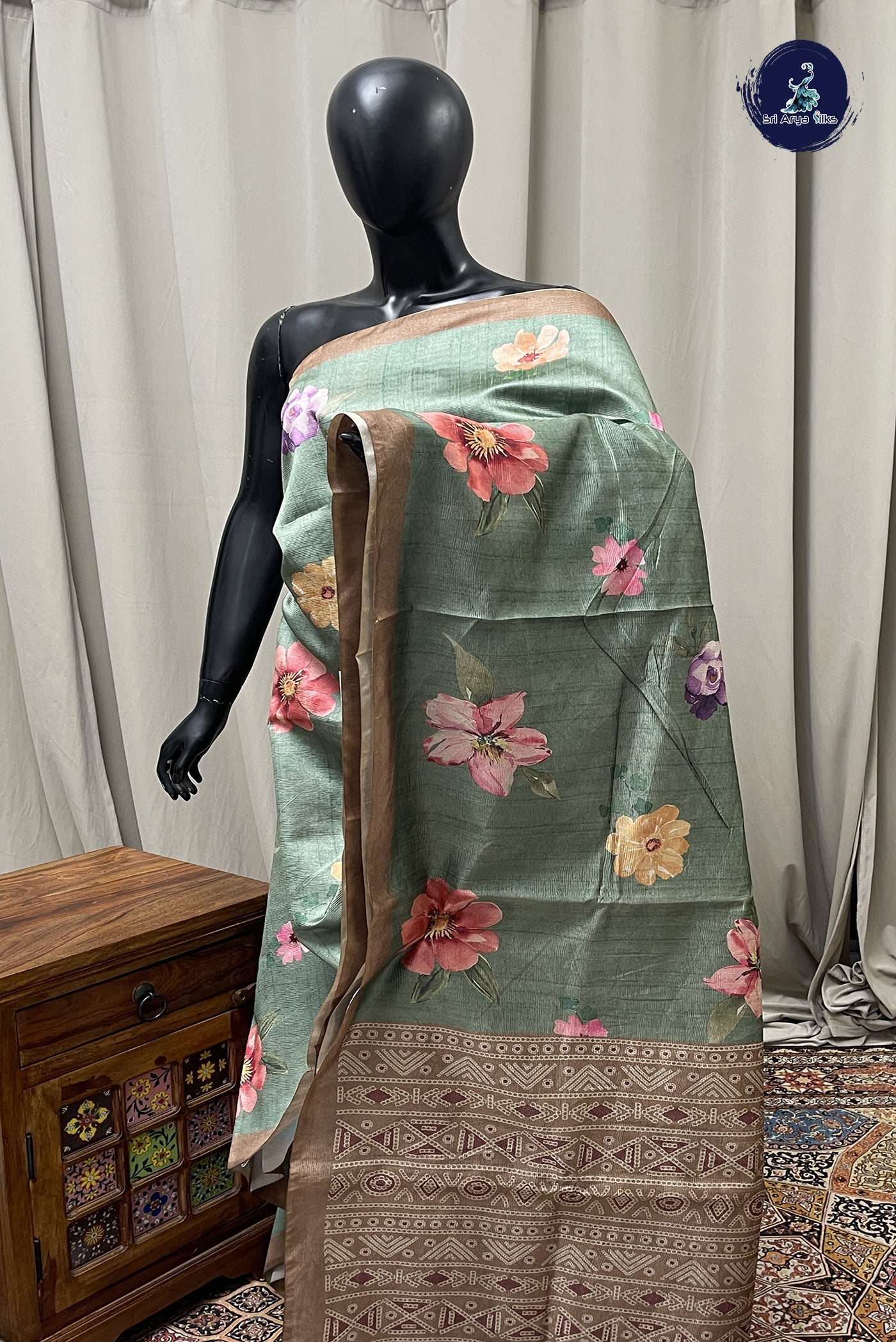 Pastel green Semi Tussar Saree with Printed Pattern