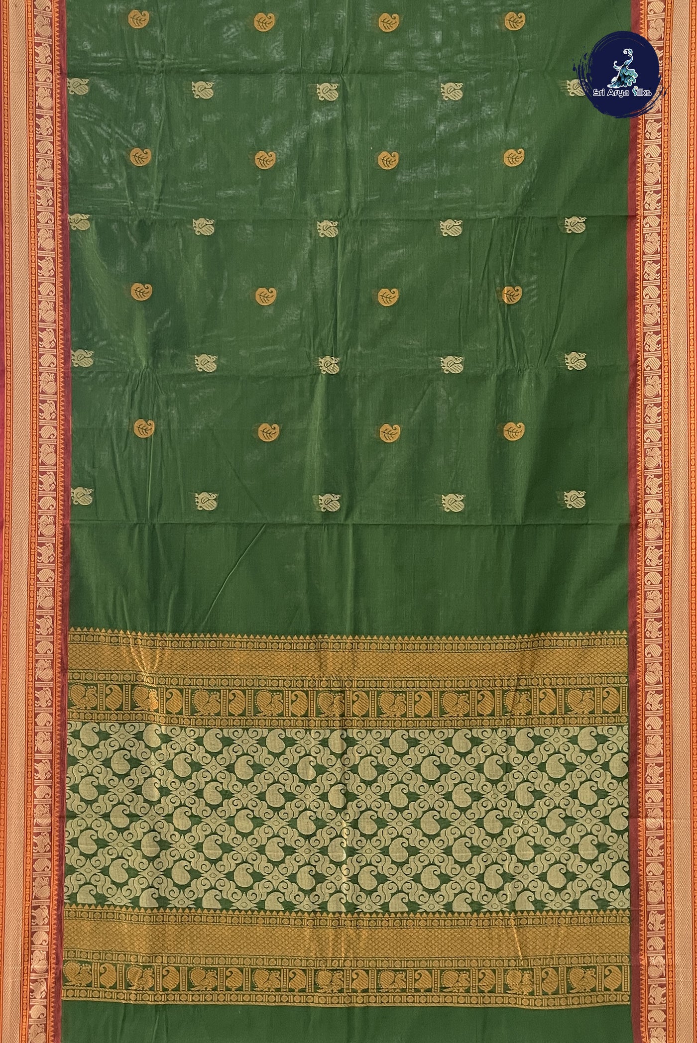 Green Kanchi Cotton Saree With Buttas Pattern