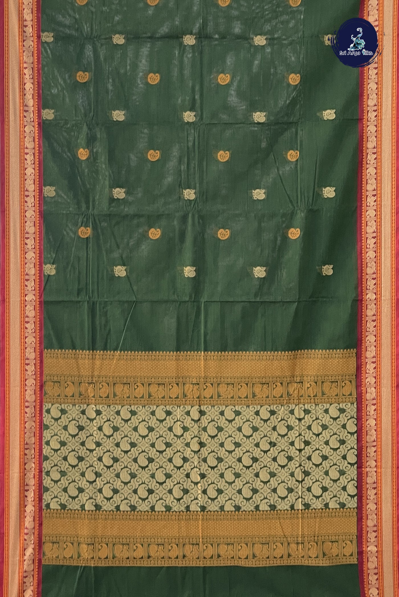 Bottle Green Kanchi Cotton Saree With Buttas Pattern