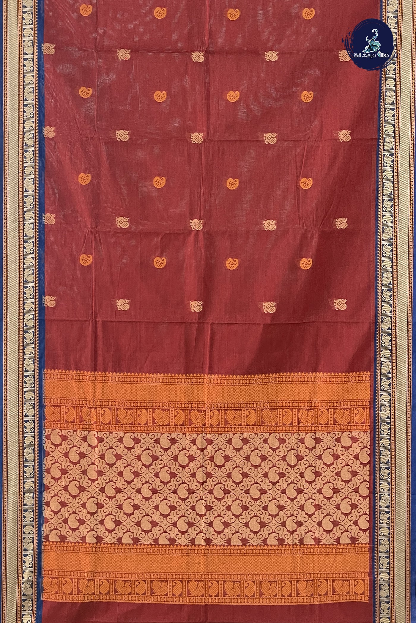 Rust Kanchi Cotton Saree With Buttas Pattern