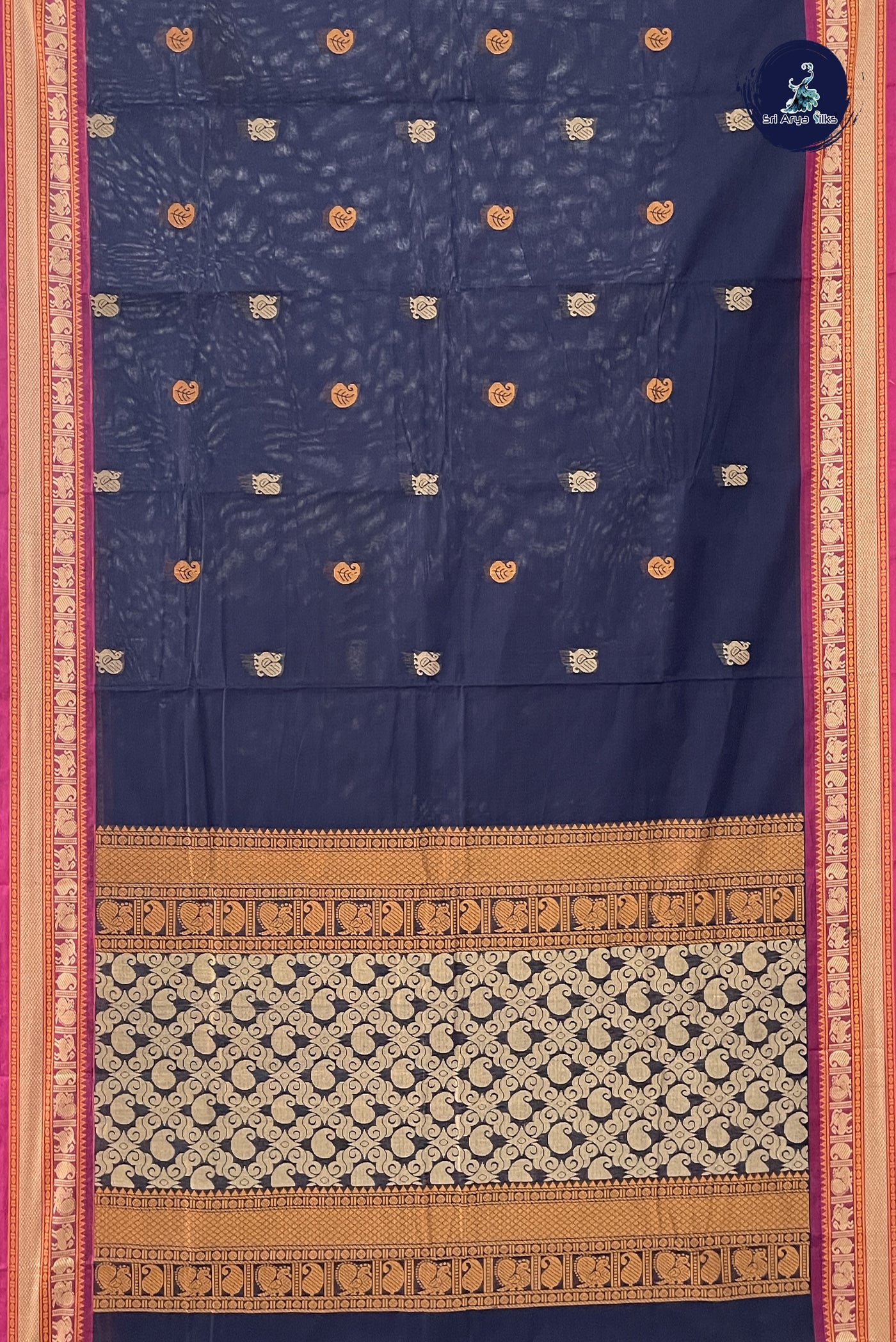 Navy Blue Kanchi Cotton Saree With Buttas Pattern