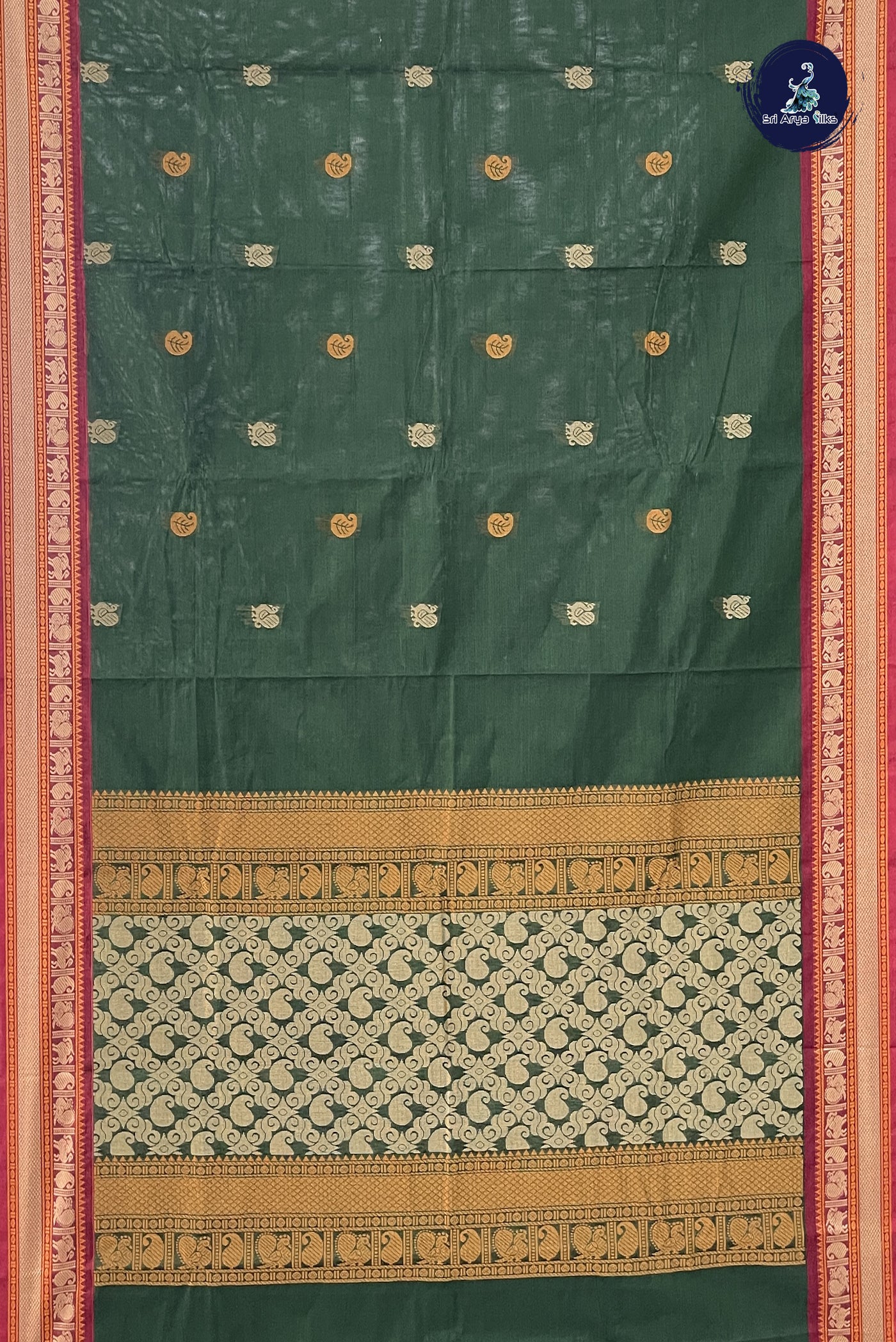 Bottle Green Kanchi Cotton Saree With Buttas Pattern