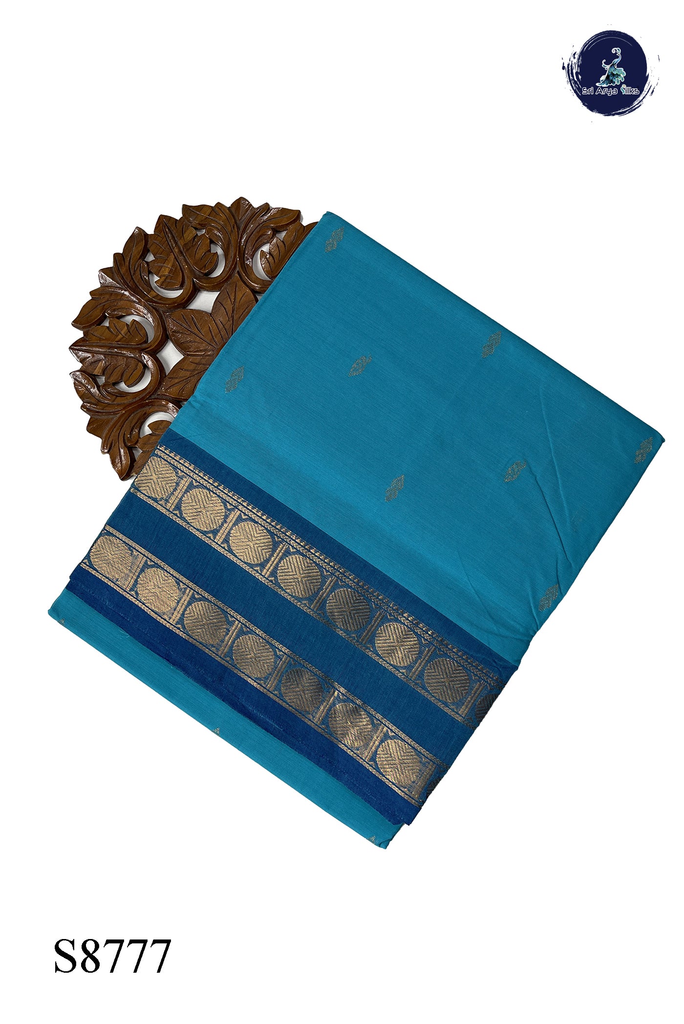 Sky Blue Chettinad Cotton Saree With Zari Buttas Pattern