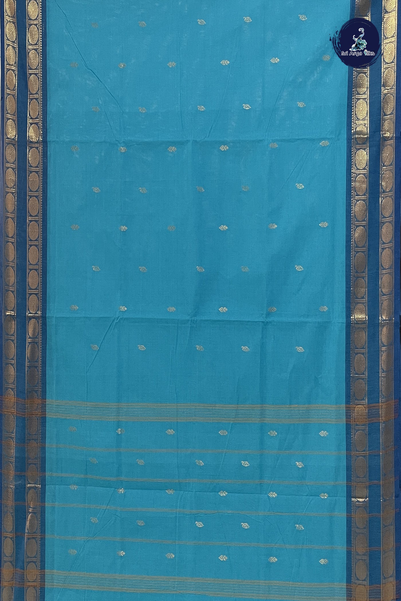 Sky Blue Chettinad Cotton Saree With Zari Buttas Pattern