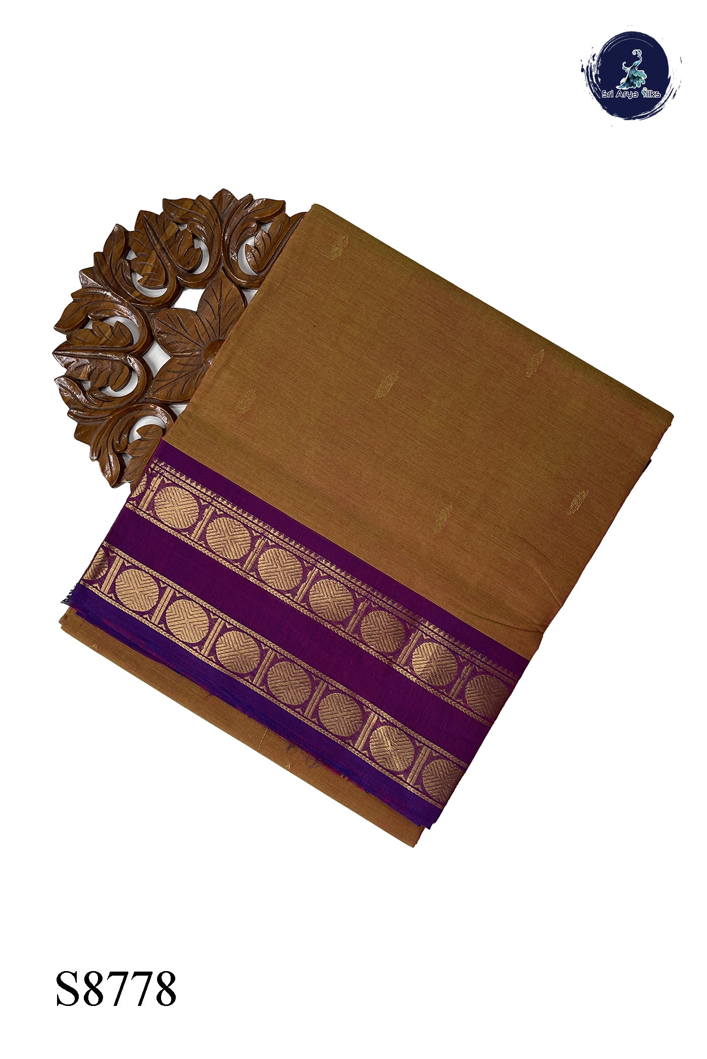 Dual Tone Brown Chettinad Cotton Saree With Zari Buttas Pattern