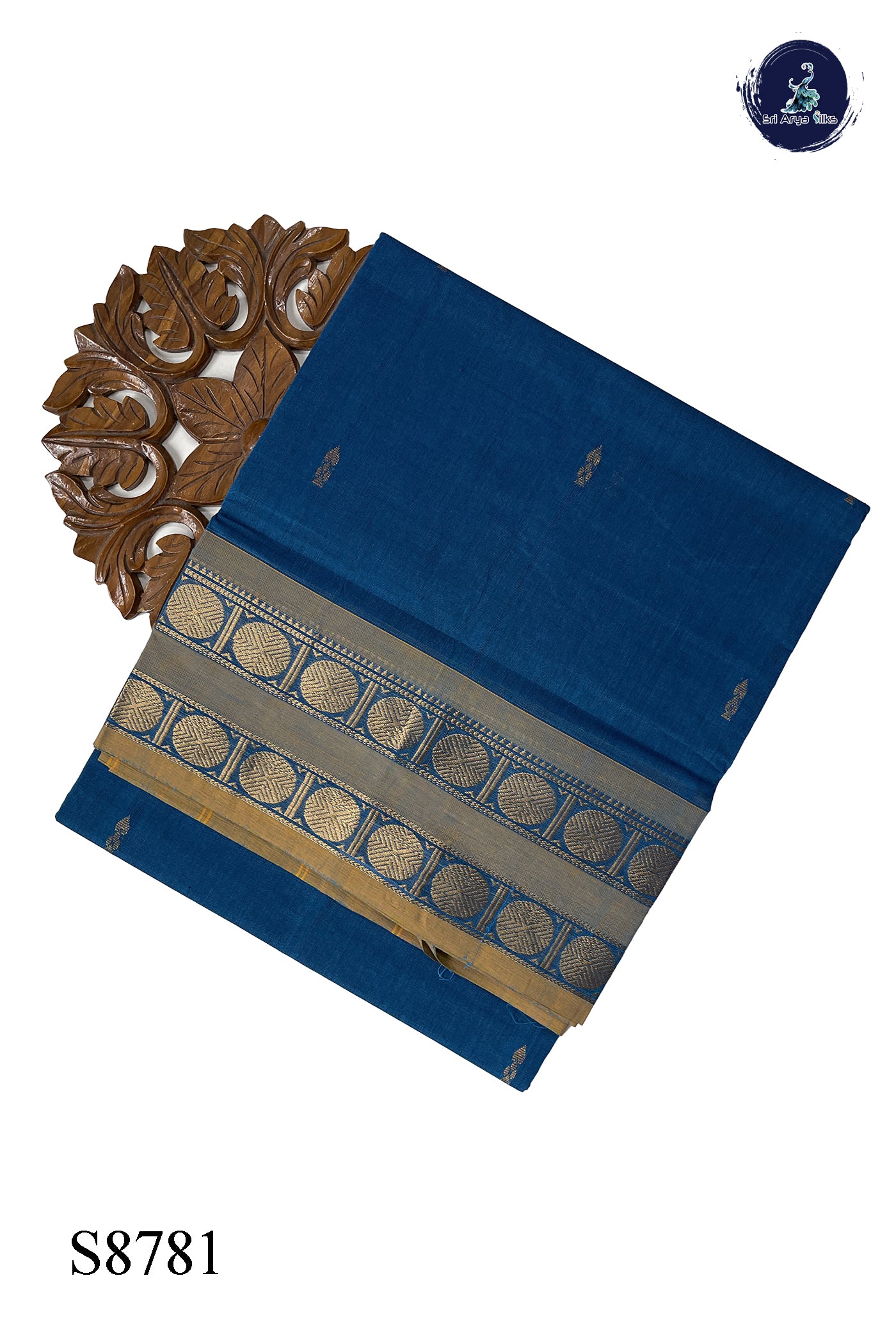 Peacock Blue Chettinad Cotton Saree With Zari Buttas Pattern