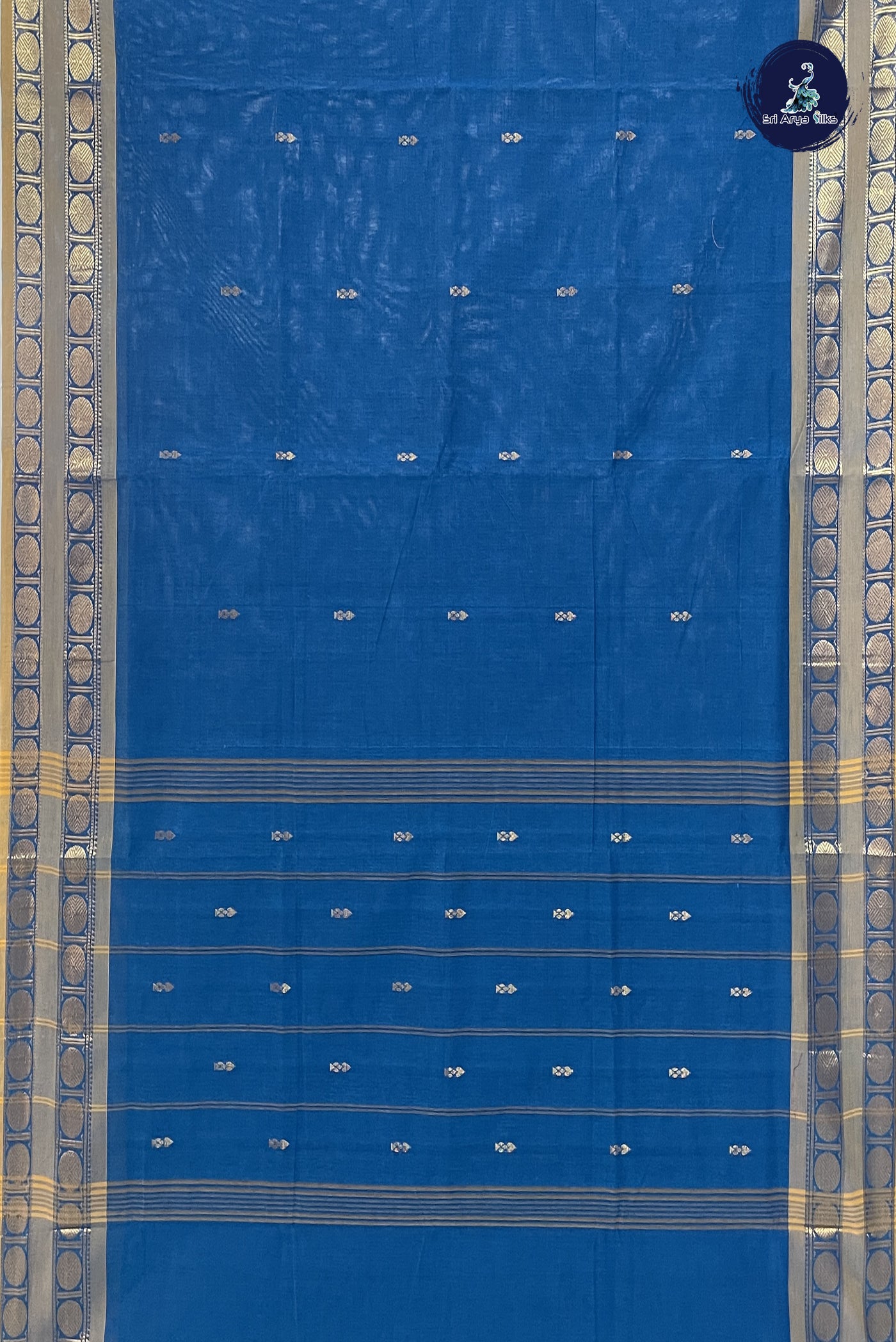 Peacock Blue Chettinad Cotton Saree With Zari Buttas Pattern