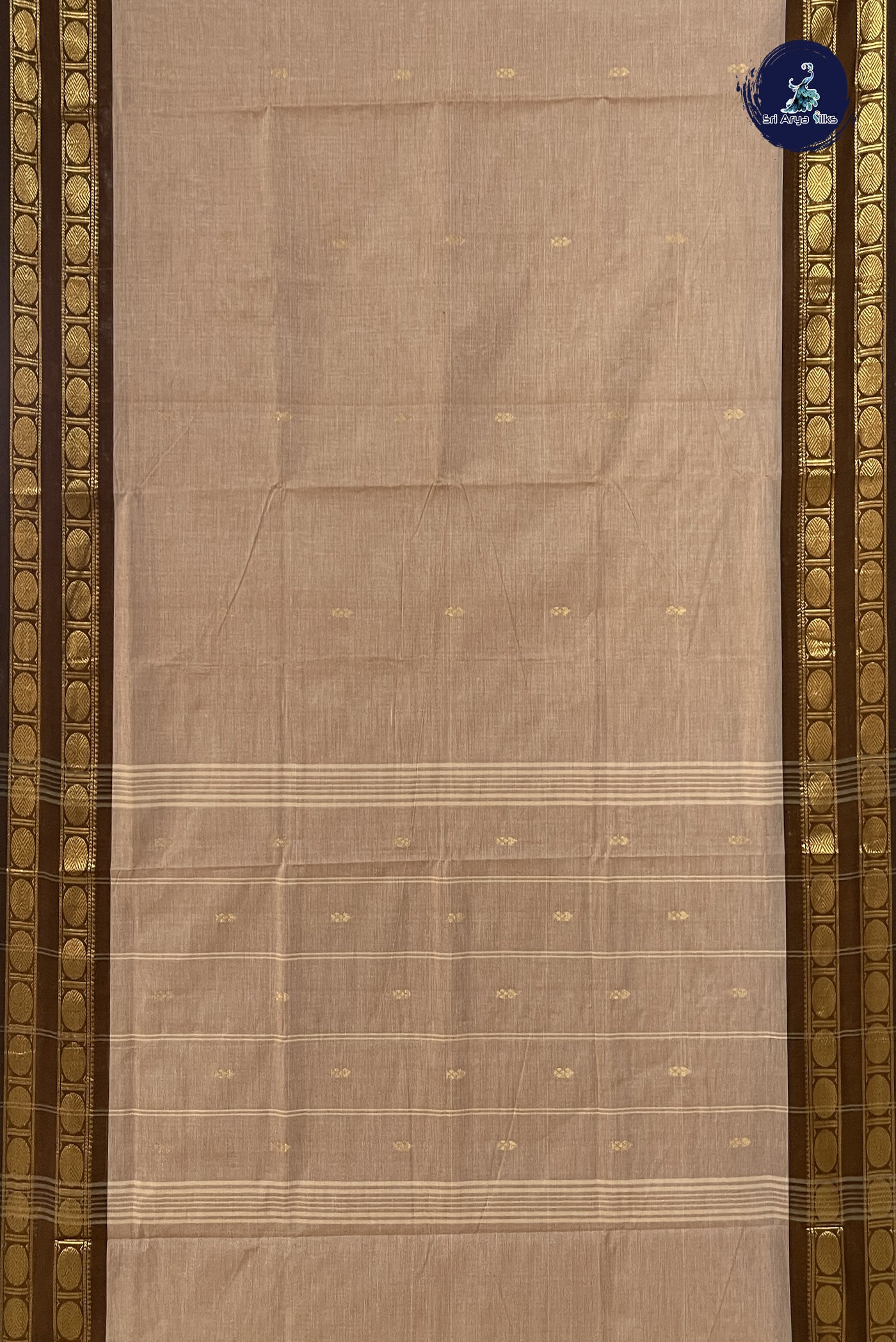 Beige Chettinad Cotton Saree With Zari Buttas Pattern