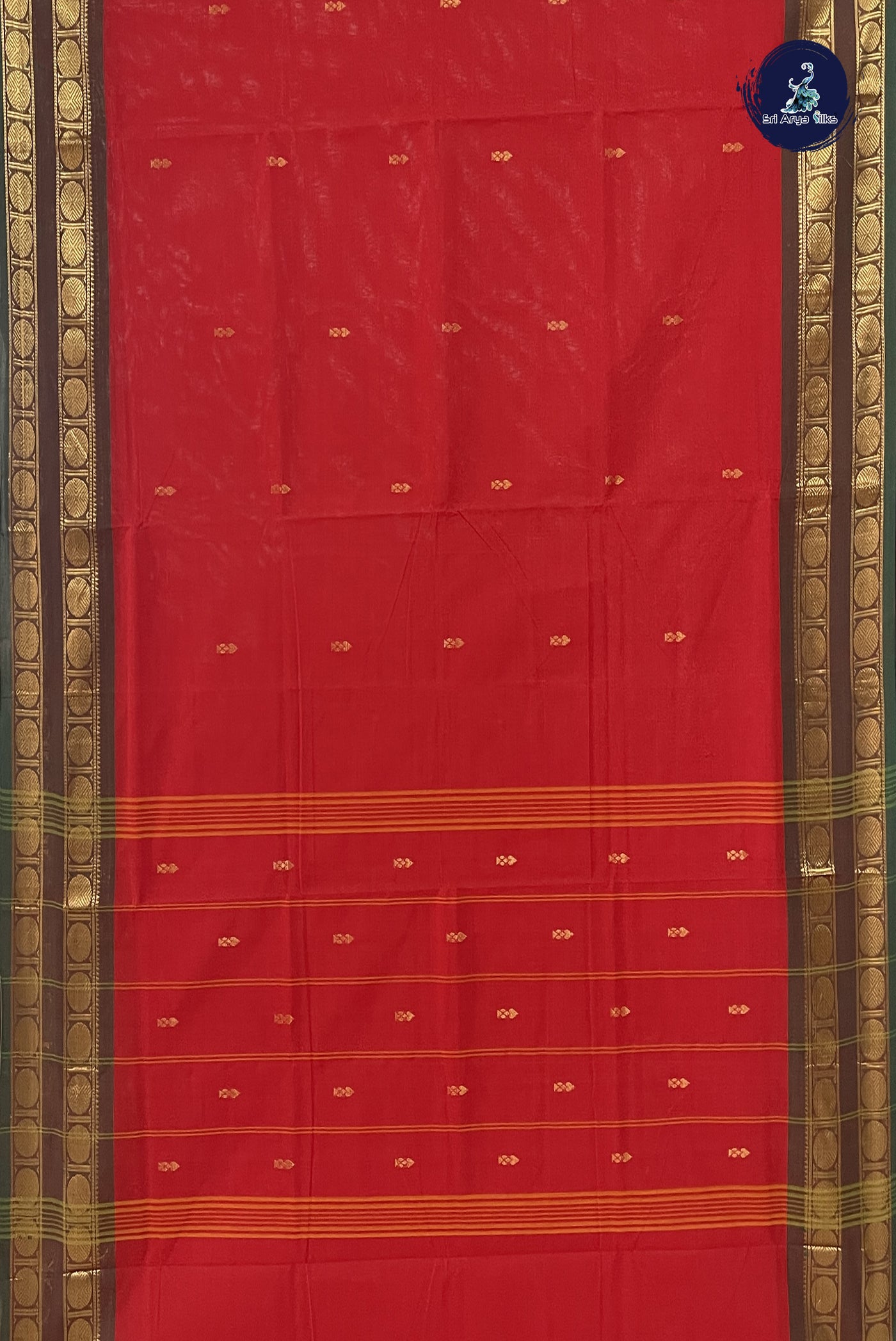 Red Chettinad Cotton Saree With Zari Buttas Pattern