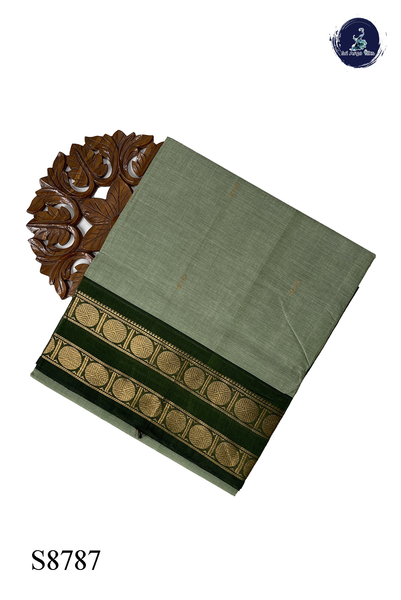 Pastel Green Chettinad Cotton Saree With Zari Buttas Pattern