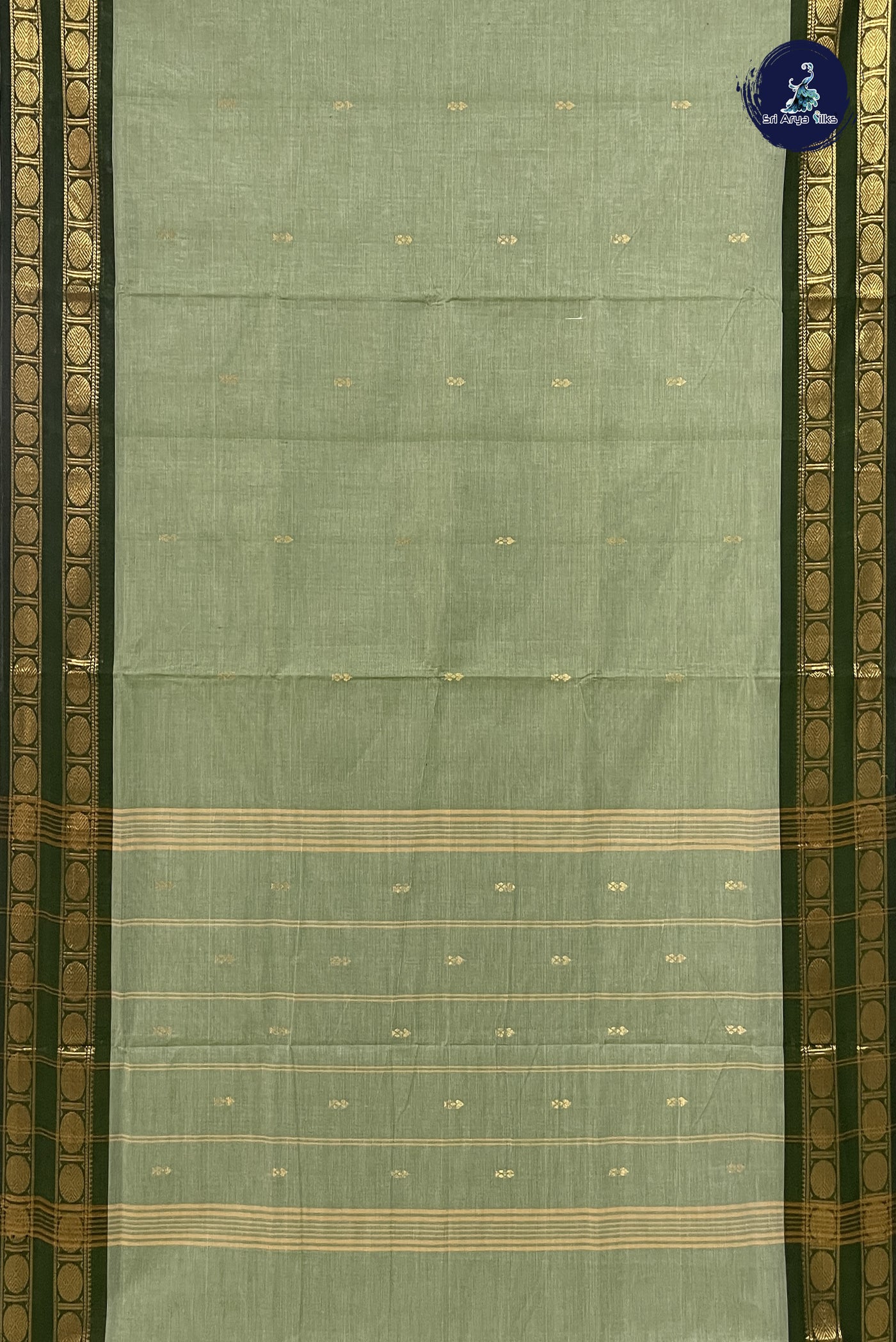 Pastel Green Chettinad Cotton Saree With Zari Buttas Pattern