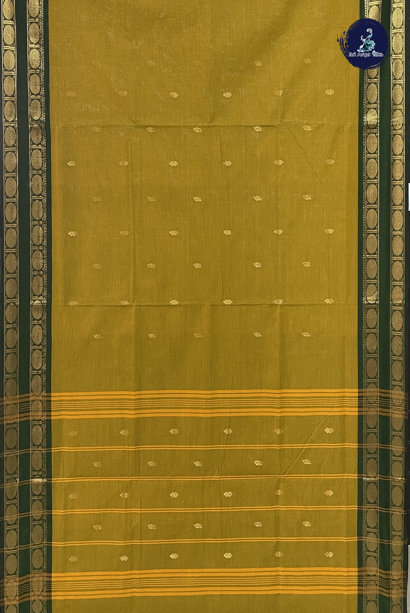 Yellowish Green Chettinad Cotton Saree With Zari Buttas Pattern