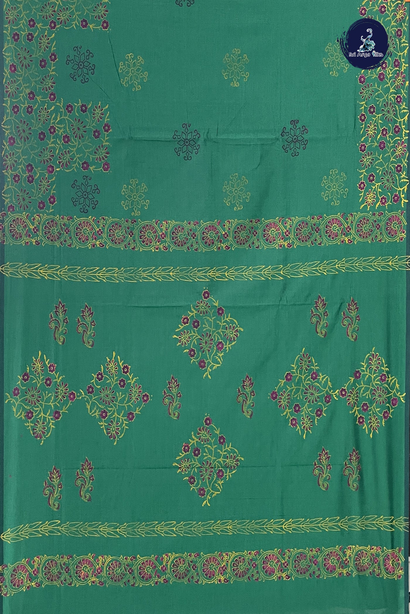 Dark Green Semi Silk Cotton Saree With Printed Pattern