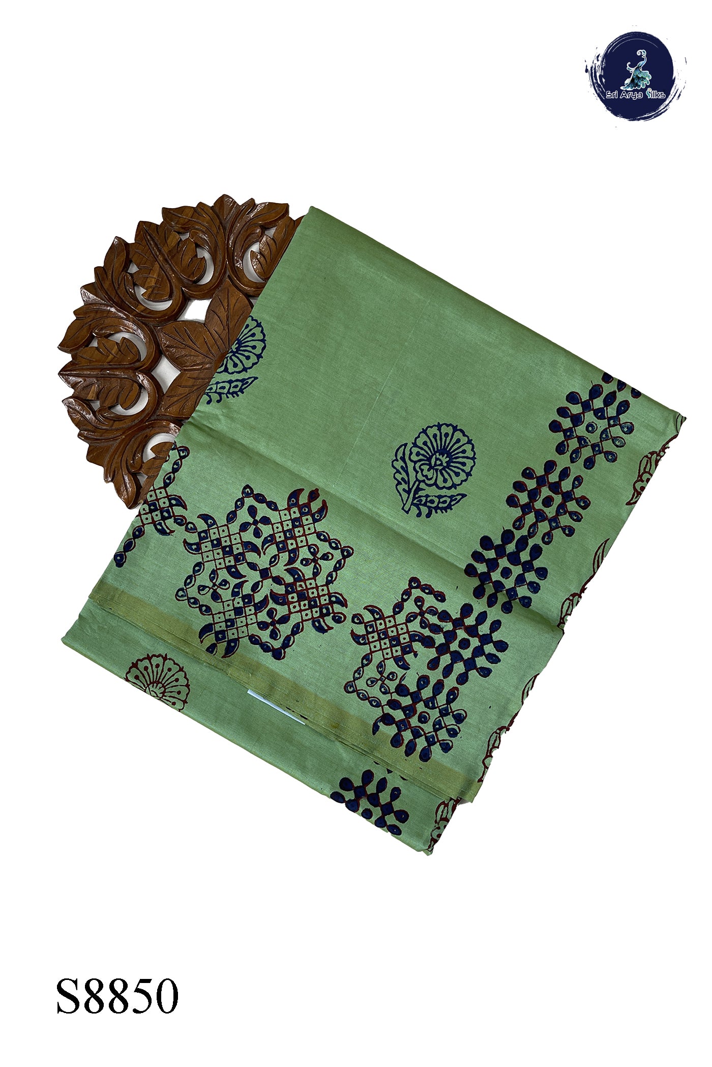 Pista Green Semi Silk Cotton Saree With Printed Pattern