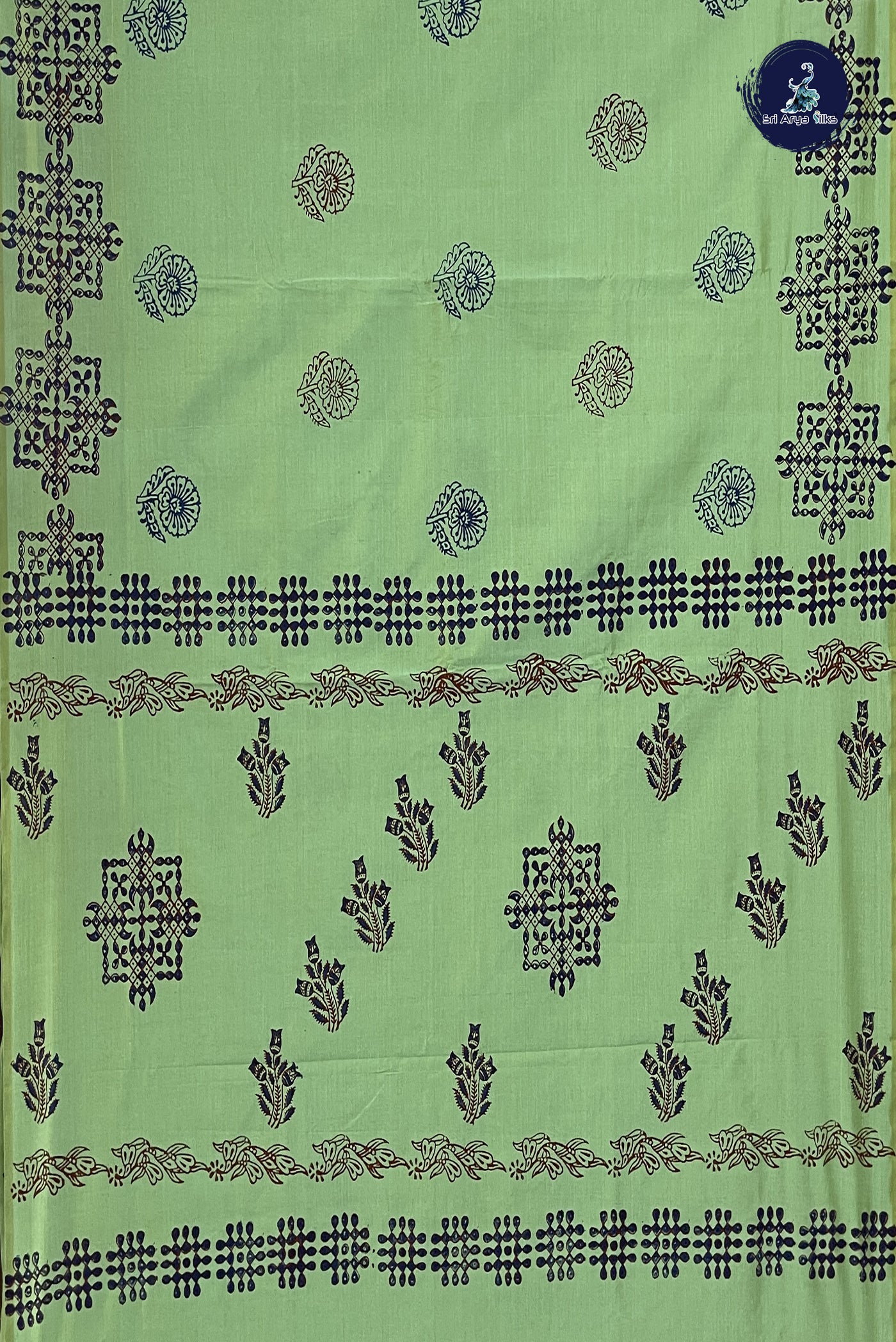 Pista Green Semi Silk Cotton Saree With Printed Pattern