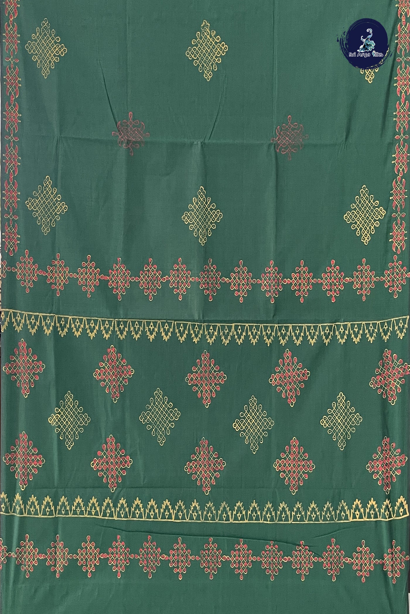 Dark Green Semi Silk Cotton Saree With Printed Pattern