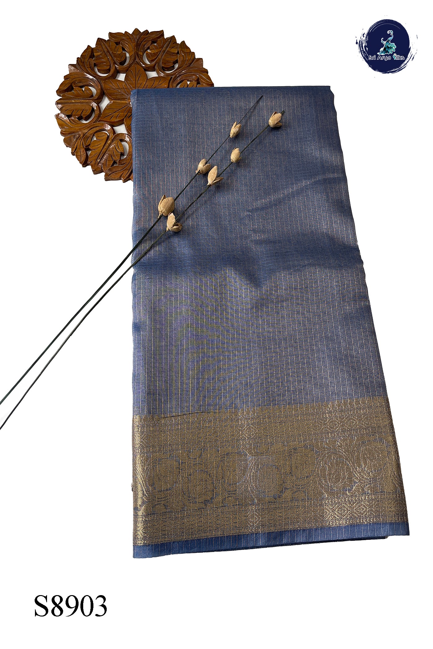 Greyish Blue Tissue Banarasi Saree With Tissue Brocade Pattern