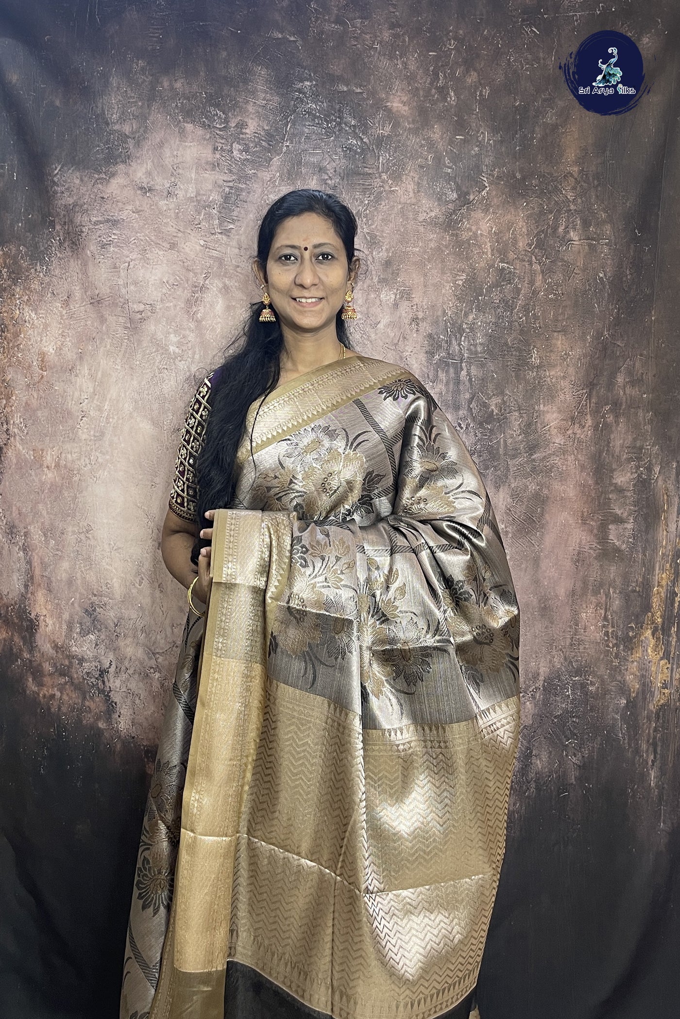 Silver Grey Tissue Banarasi Saree With Zari Woven Pattern