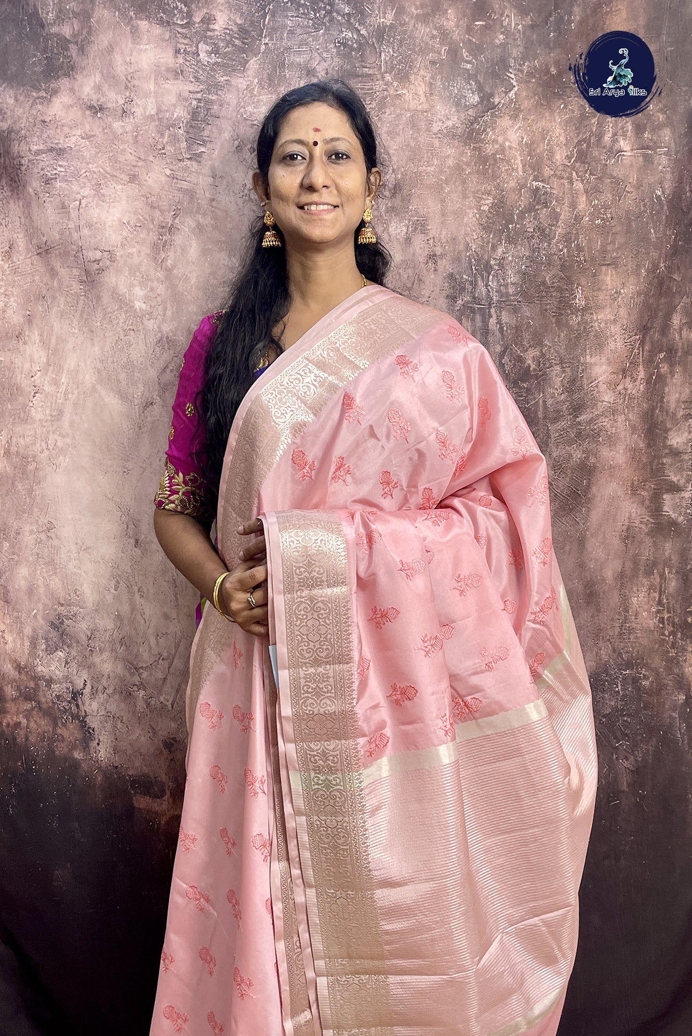 Peach Pink Katan Silk With Embroidery Pattern