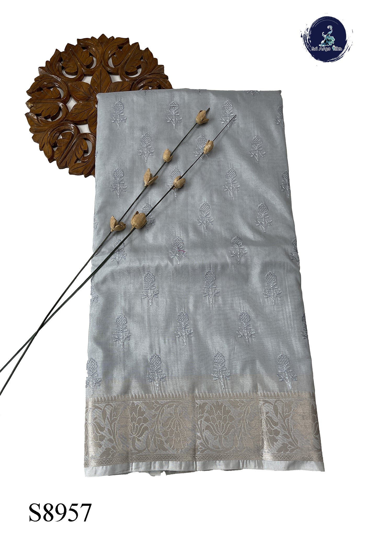 Grey Katan Silk With Embroidery Pattern