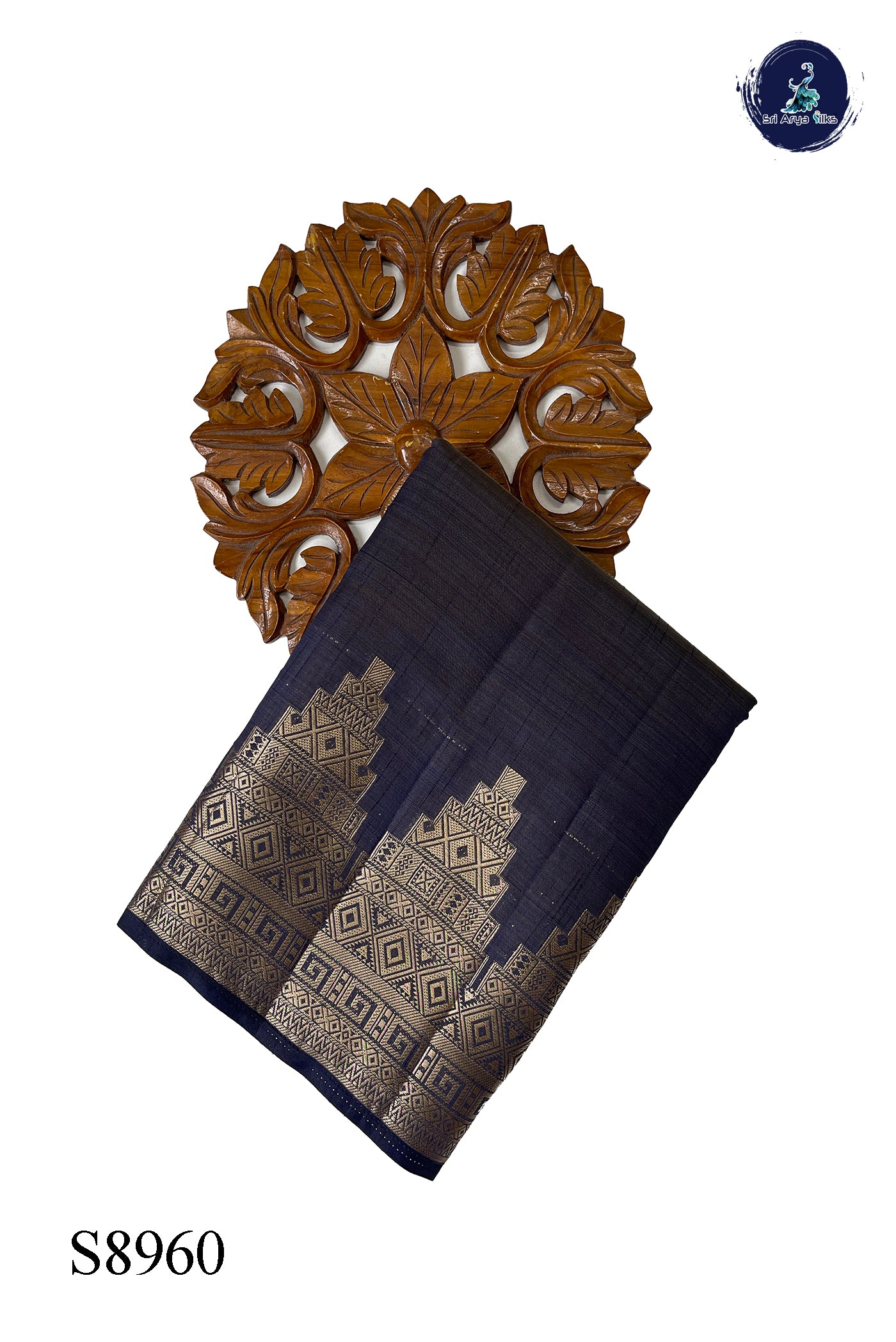 Navy Blue Semi Tussar Saree With Plain Pattern