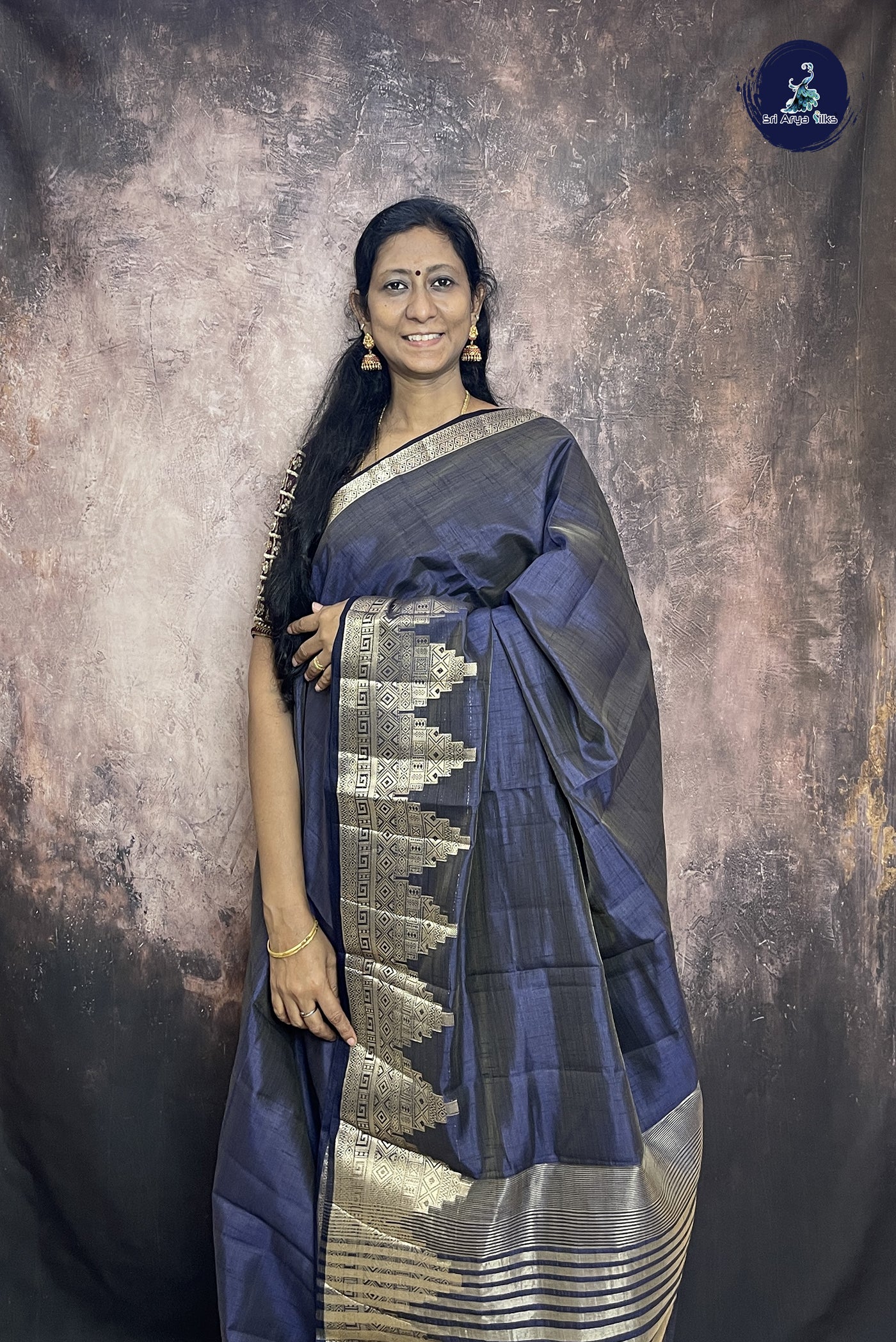 Navy Blue Semi Tussar Saree With Plain Pattern