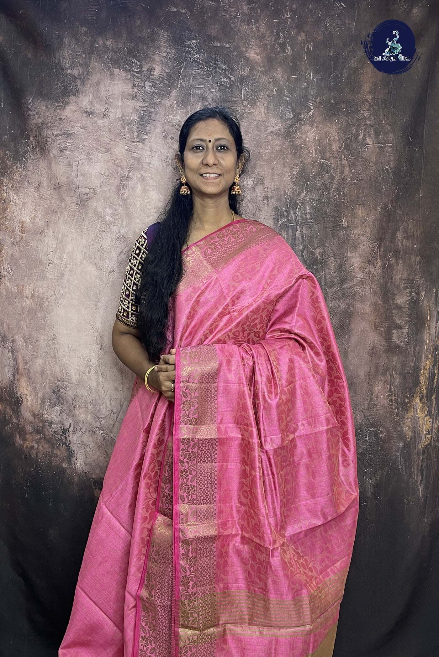 Pink Semi Tussar Saree With Embossed Pattern