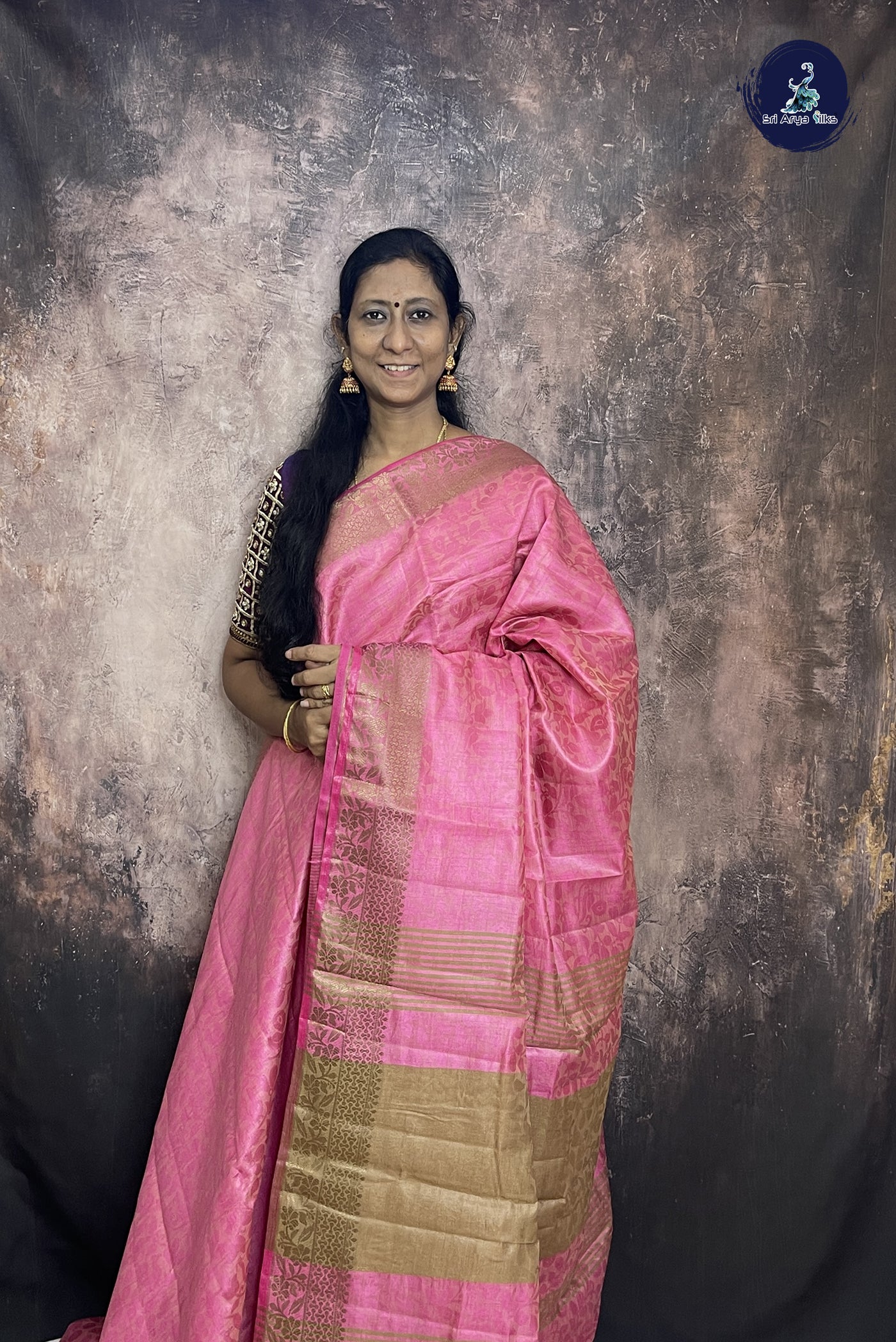 Lotus Pink Semi Tussar Saree With Embossed Pattern