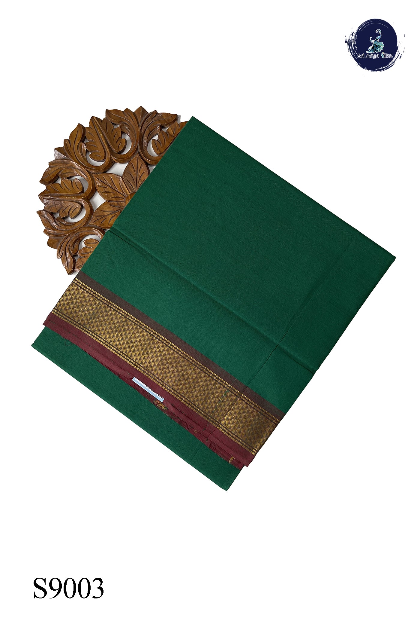 Dark Green Chettinad Cotton Saree With Plain Pattern