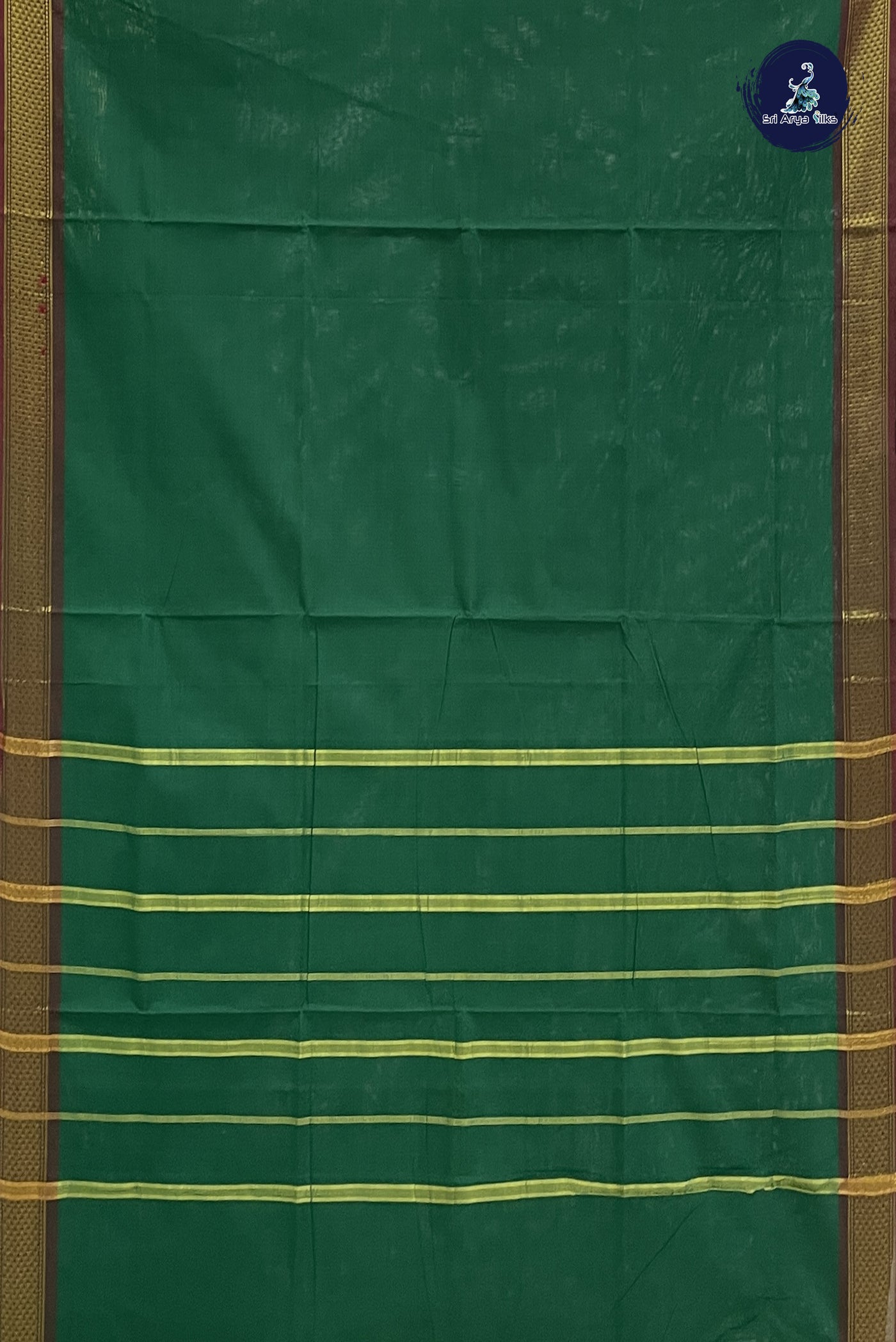 Dark Green Chettinad Cotton Saree With Plain Pattern