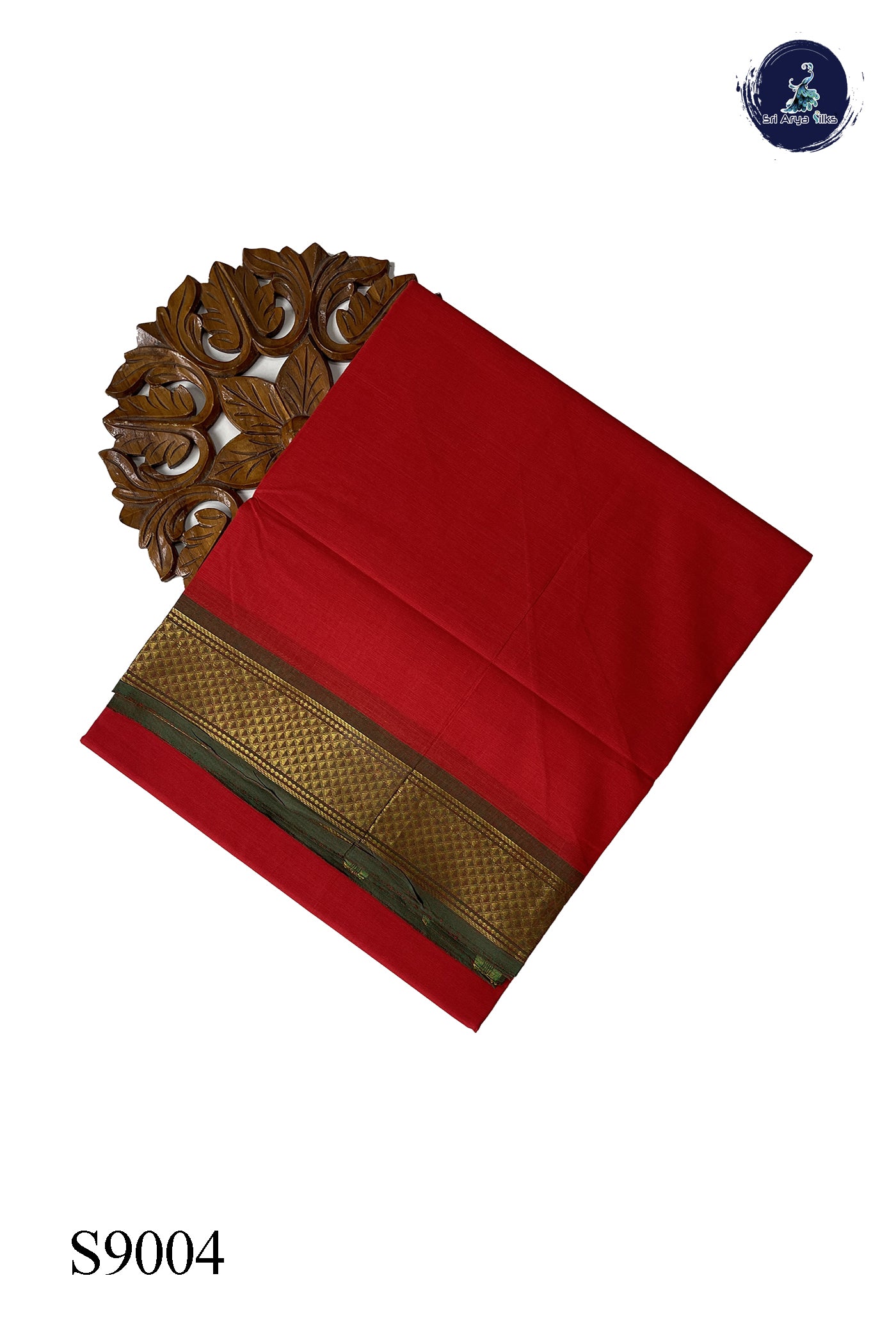 Red Chettinad Cotton Saree With Plain Pattern