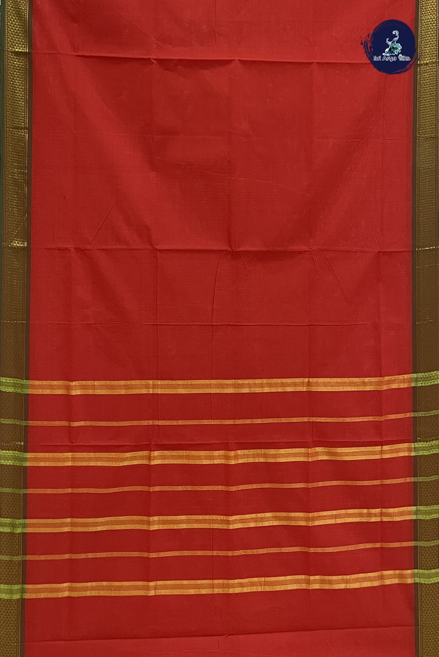 Red Chettinad Cotton Saree With Plain Pattern