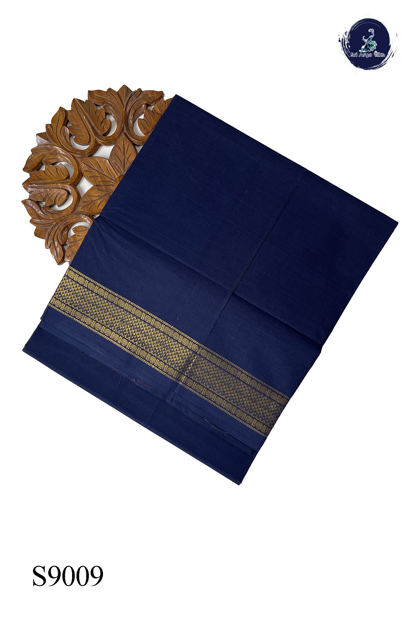 Ink Blue Chettinad Cotton Saree With Plain Pattern