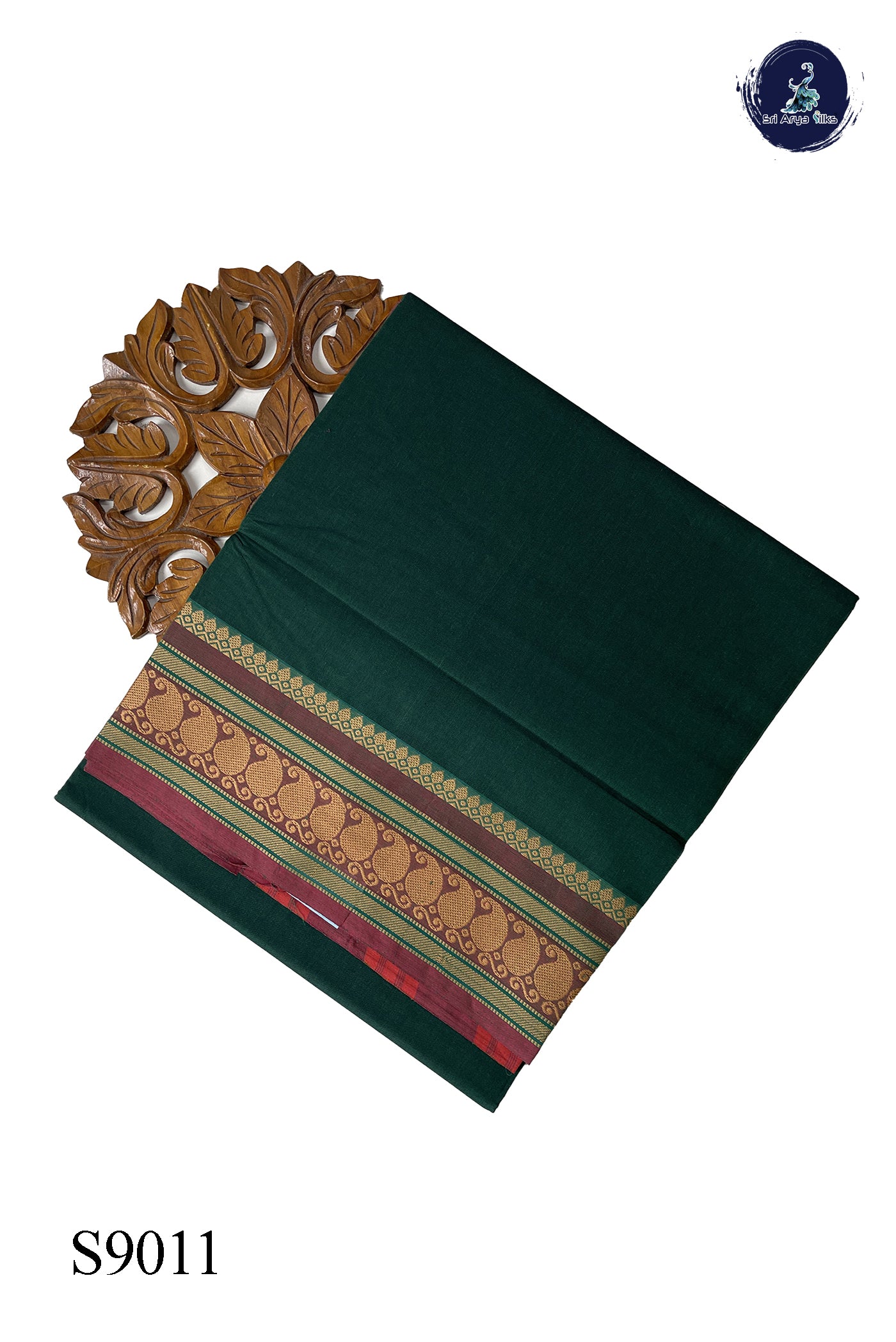 Bottle Green Chettinad Cotton Saree With Plain Pattern