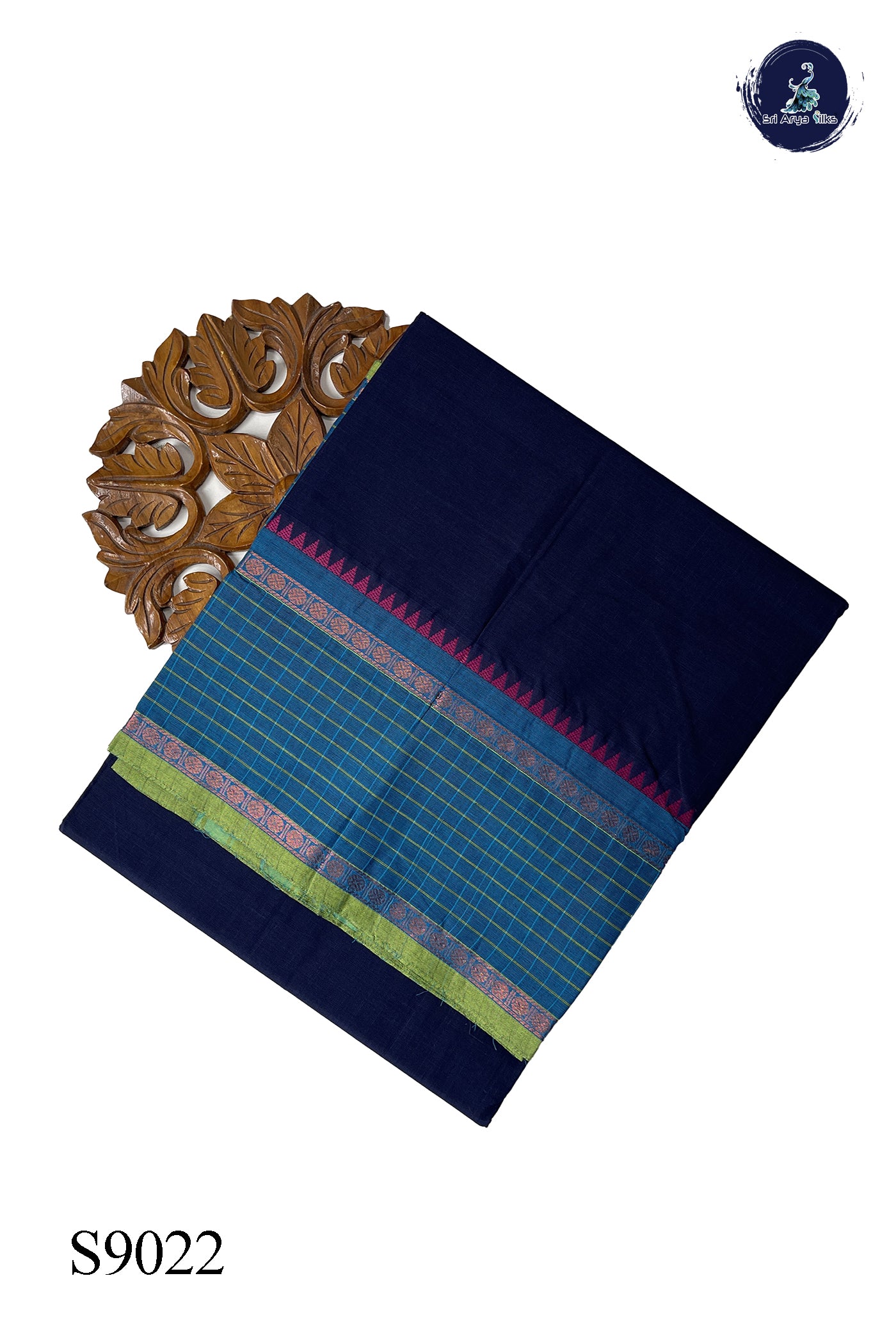 Navy Blue Chettinad Cotton Saree With Plain Pattern