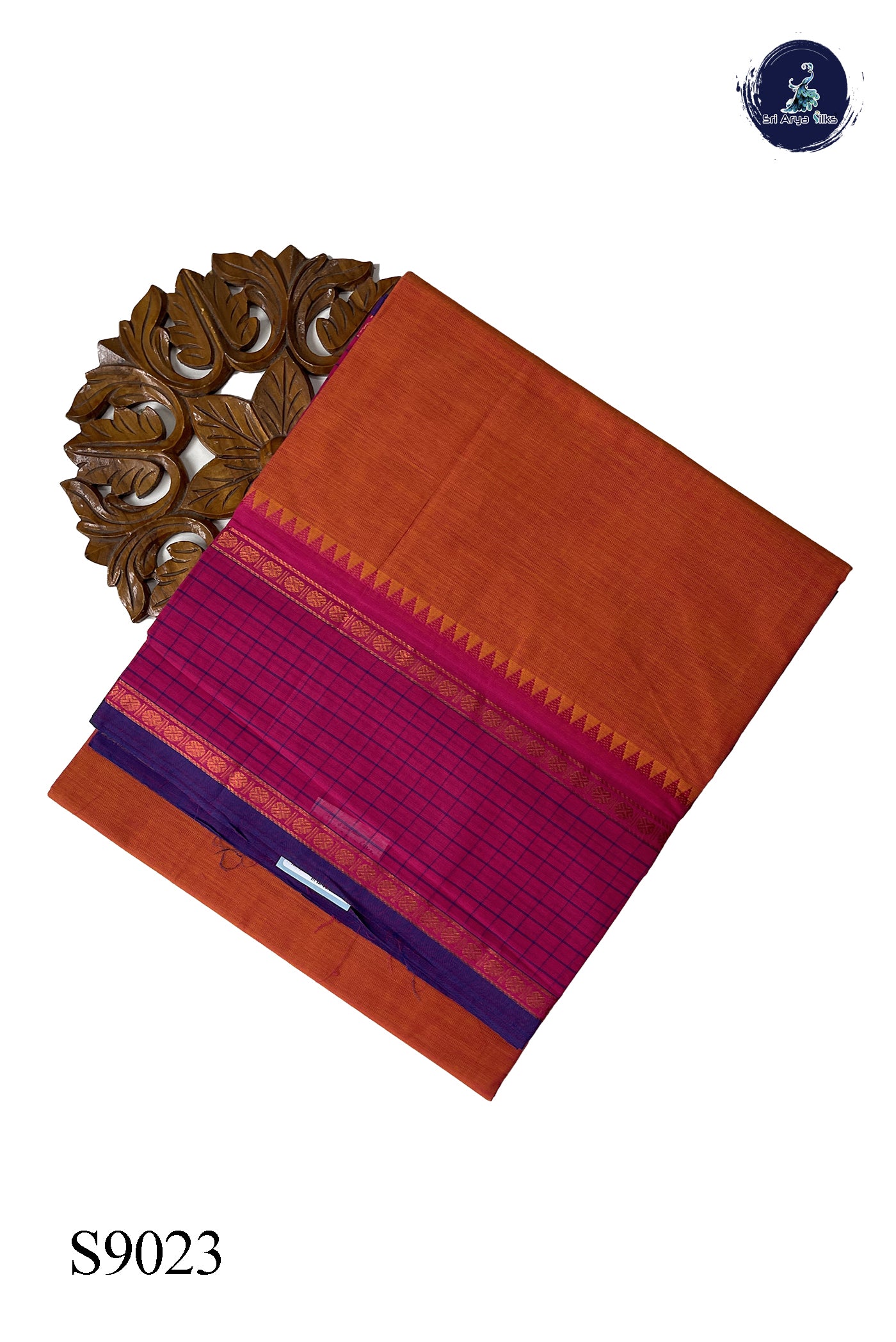 Pinkish Orange Chettinad Cotton Saree With Plain Pattern