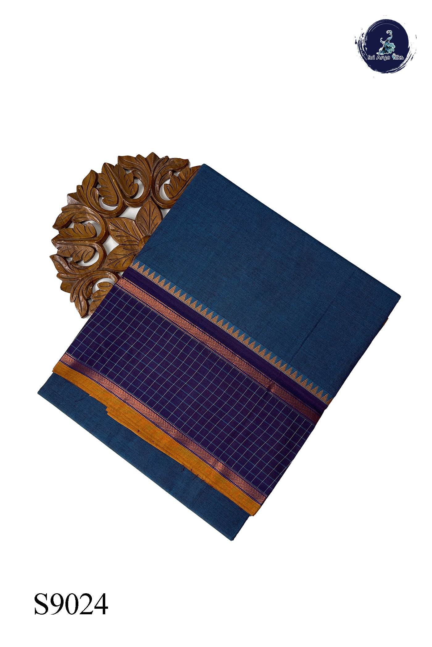 Dual Tone Blue Chettinad Cotton Saree With Plain Pattern