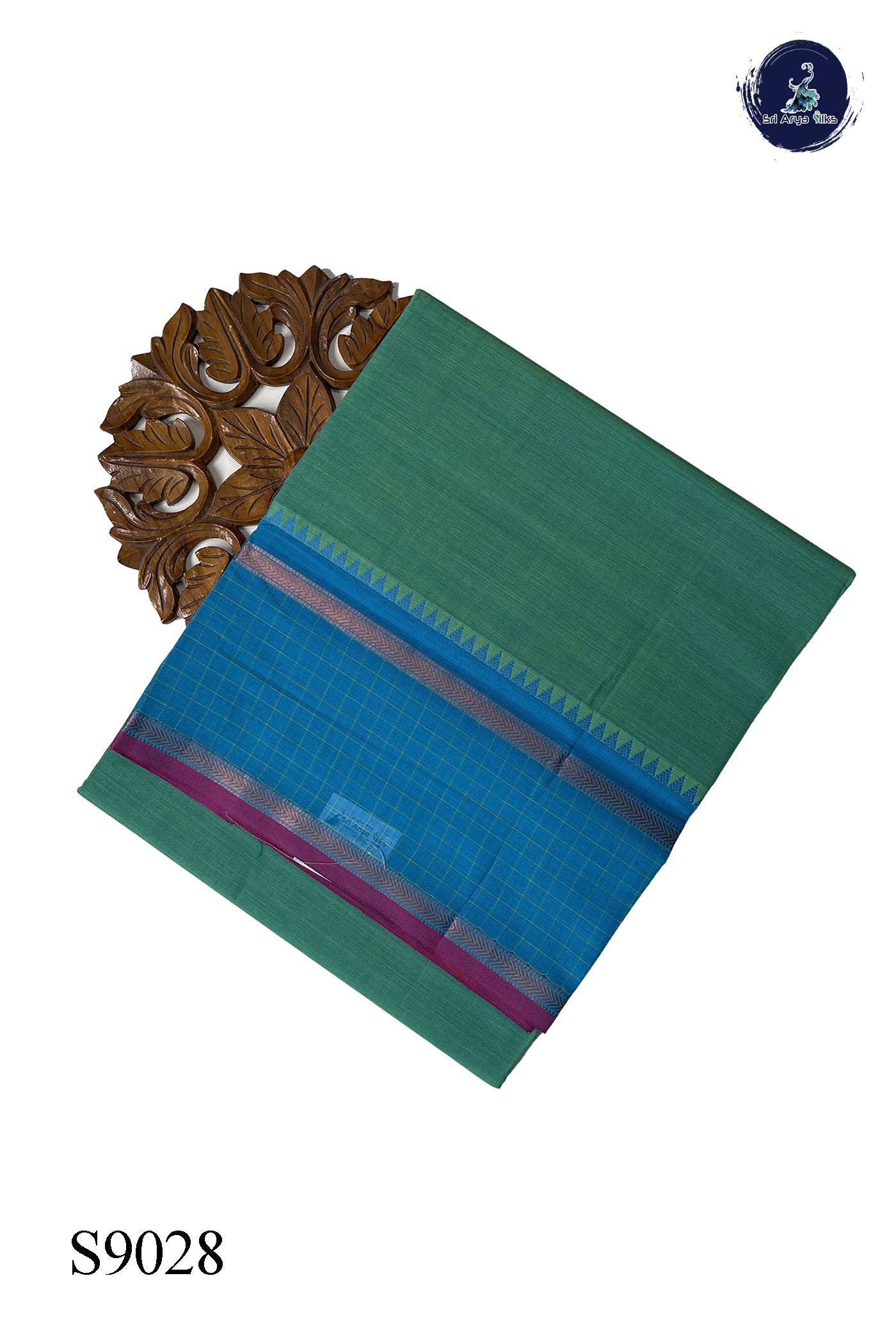 Dual Tone Turquoise Chettinad Cotton Saree With Plain Pattern