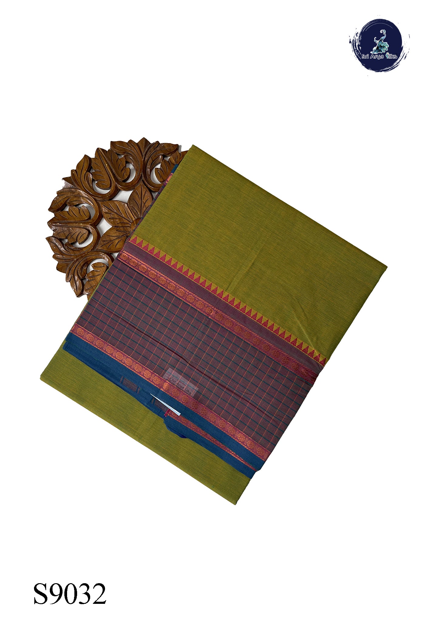 Dual Tone Mehendi Green Chettinad Cotton Saree With Plain Pattern