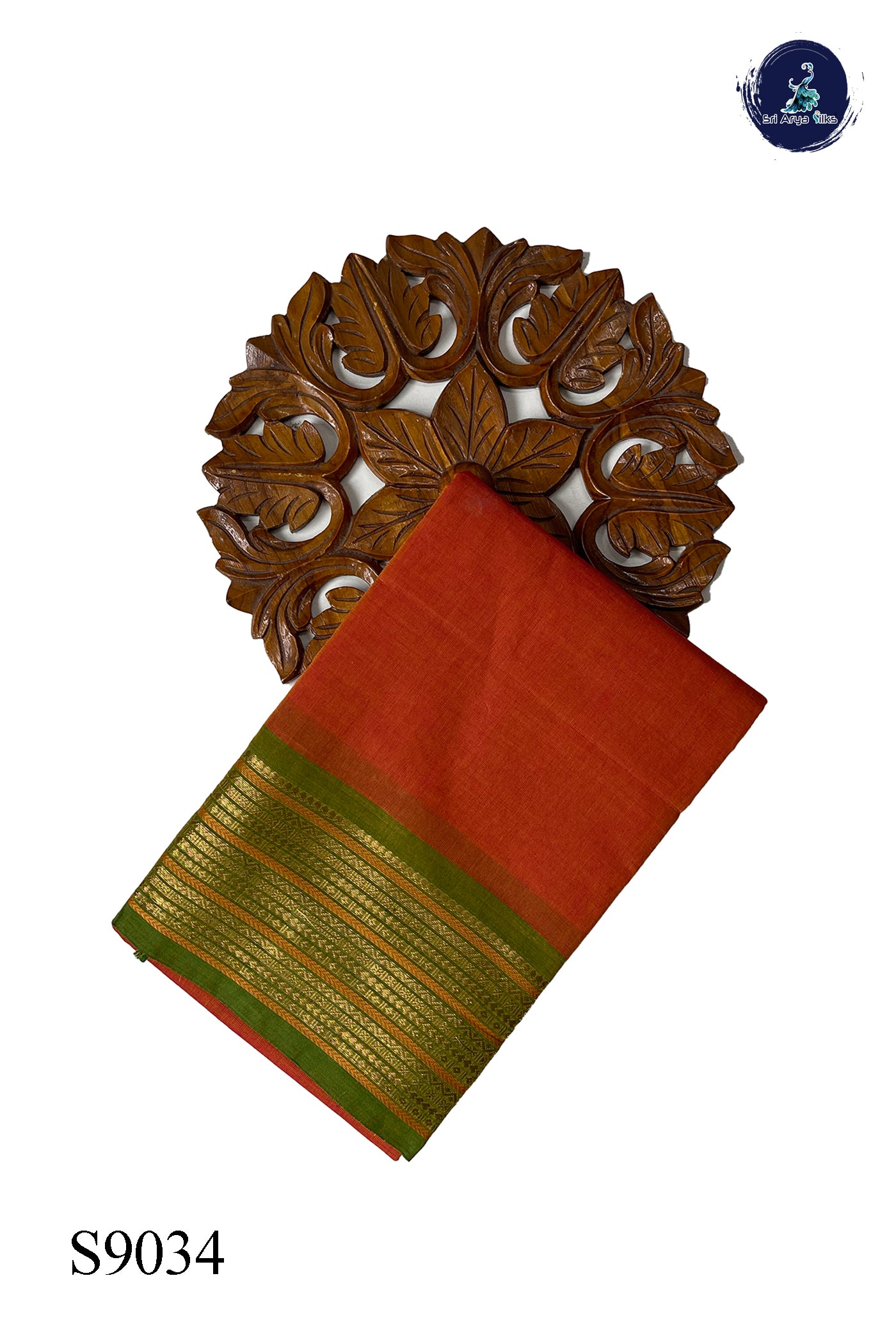 Orange Chettinad Cotton Saree With Plain Pattern