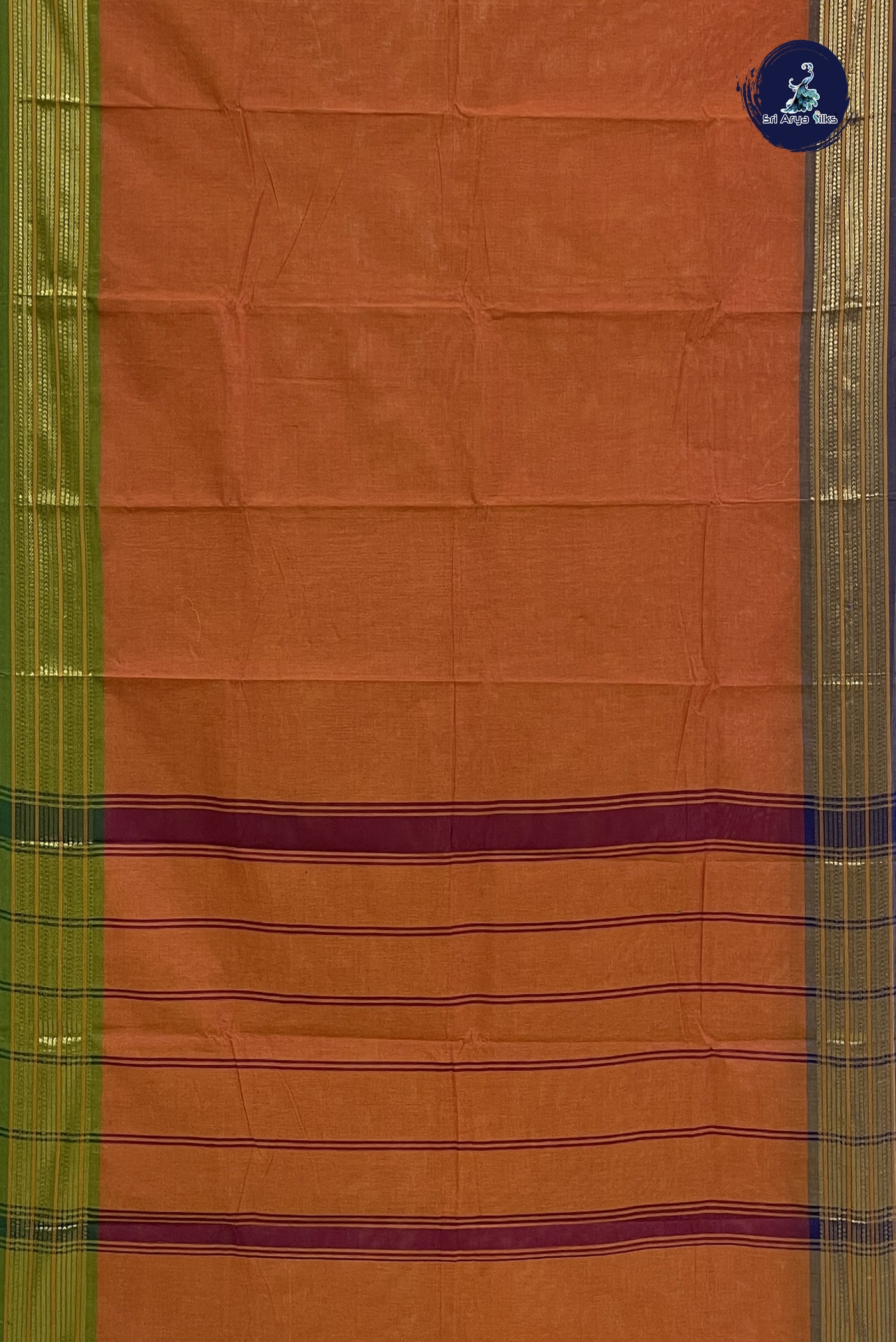 Orange Chettinad Cotton Saree With Plain Pattern