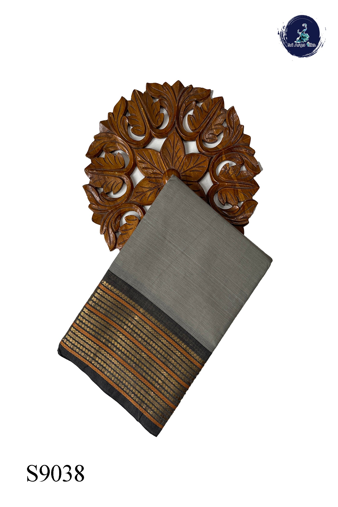 Silver Grey Chettinad Cotton Saree With Plain Pattern