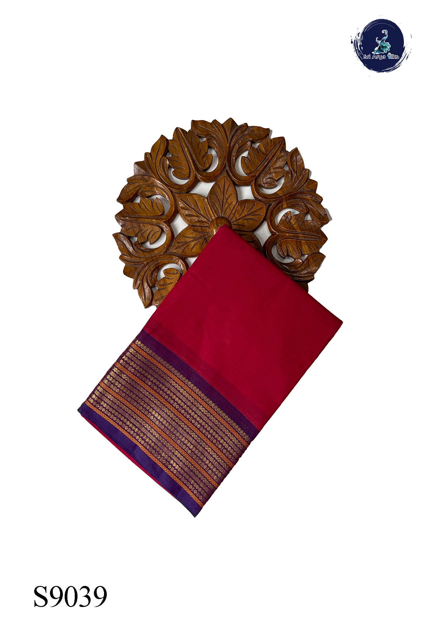 Red Chettinad Cotton Saree With Plain Pattern