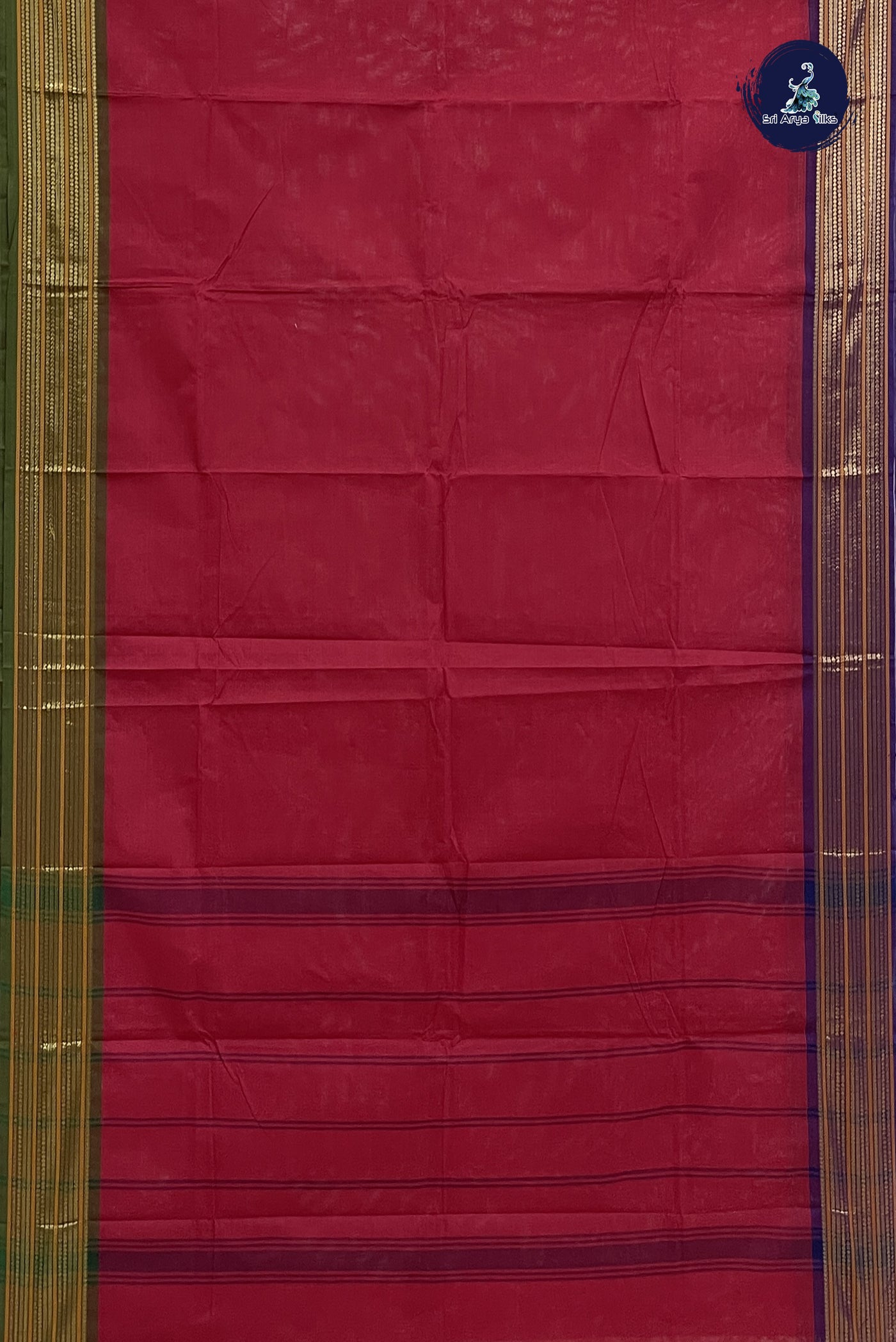 Red Chettinad Cotton Saree With Plain Pattern