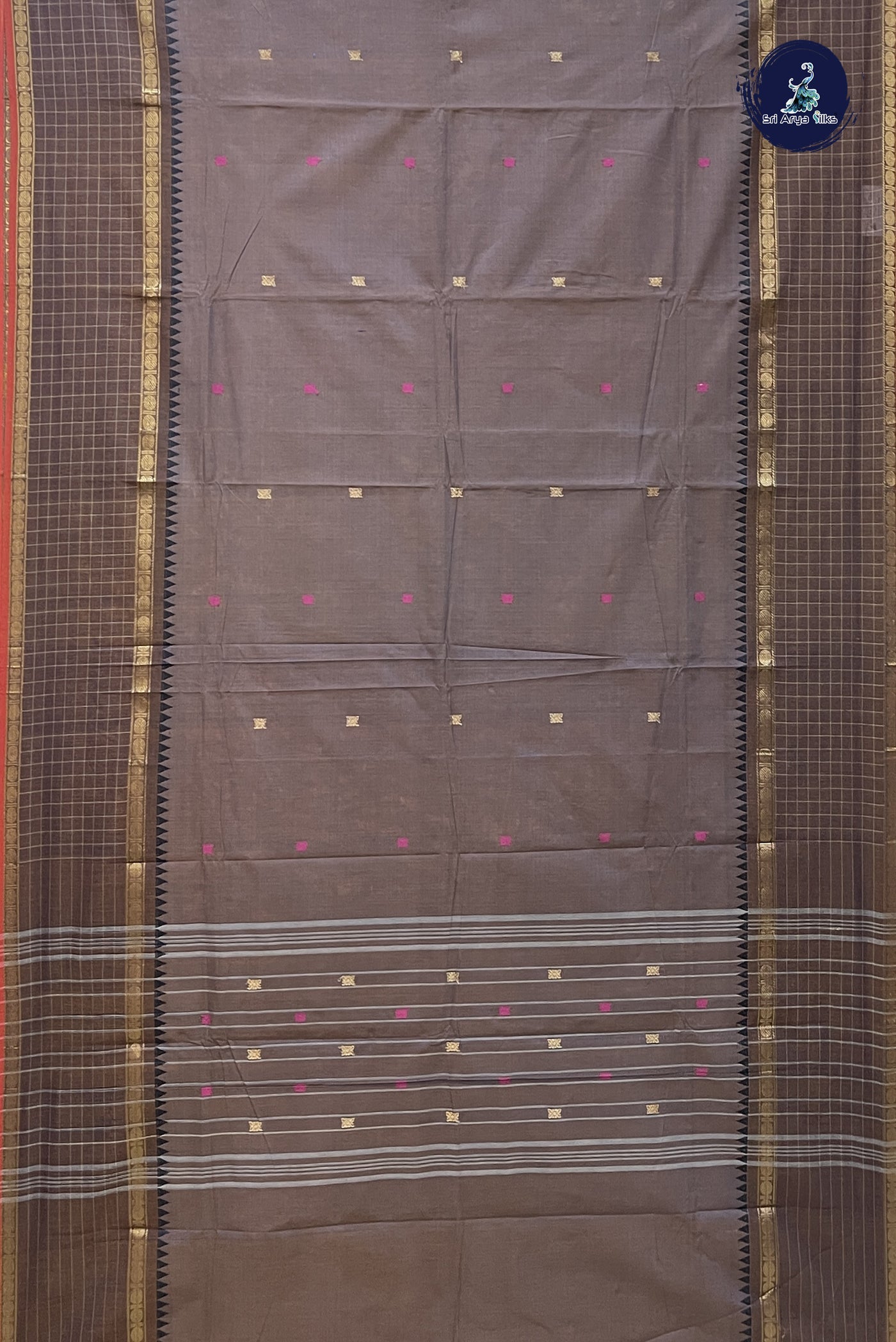 Light Brown Chettinad Cotton Saree With Buttas Pattern