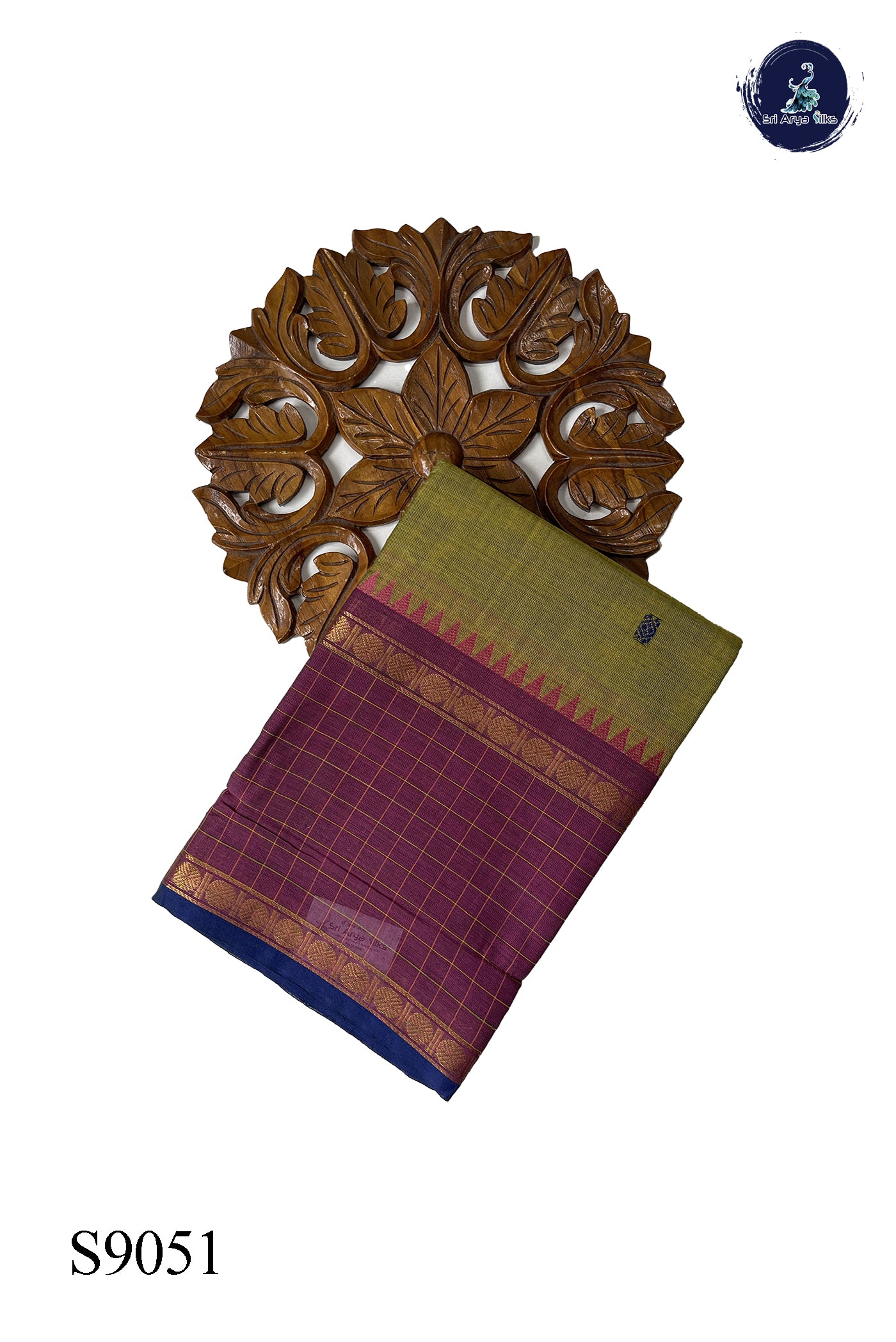 Yellowish Green Chettinad Cotton Saree With Buttas Pattern